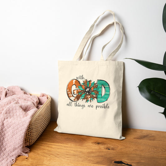 Cotton Canvas Inspirational Tote Bag - With God All Things Are Possible