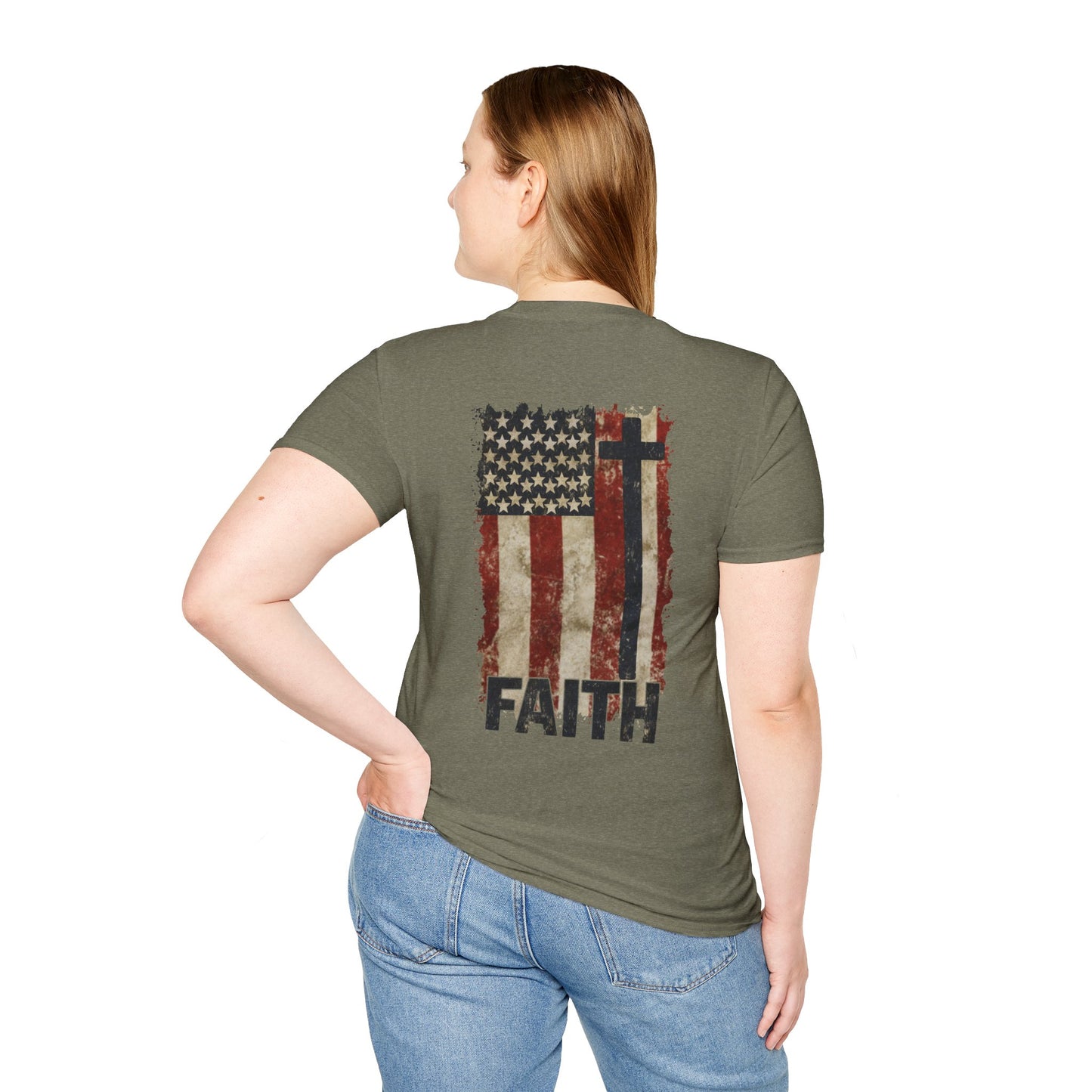 Faith-Inspired Unisex Softstyle T-Shirt, Vintage American Flag Tee, Inspirational Faith Shirt, Christian Apparel, Gifts for Believers