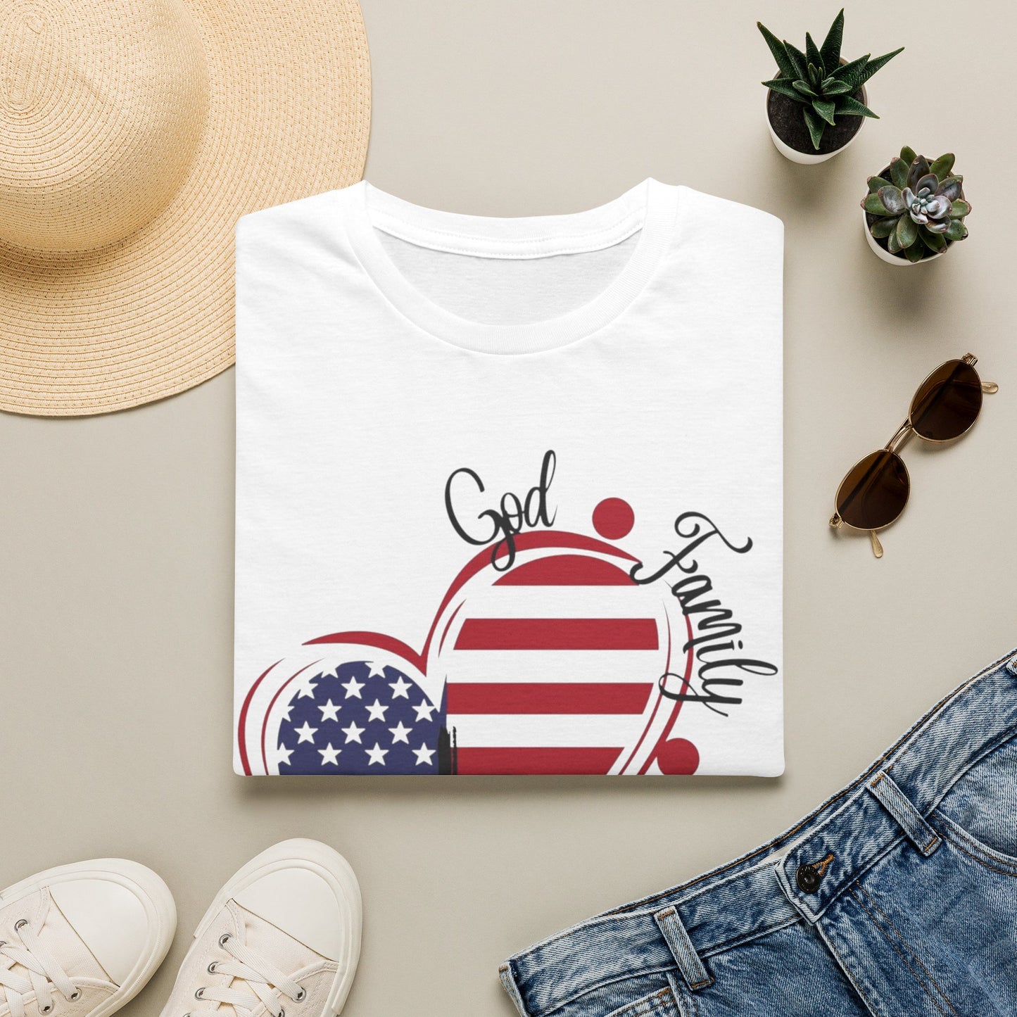 Patriotic Heart T-Shirt — "God Family Country" USA Flag Graphic