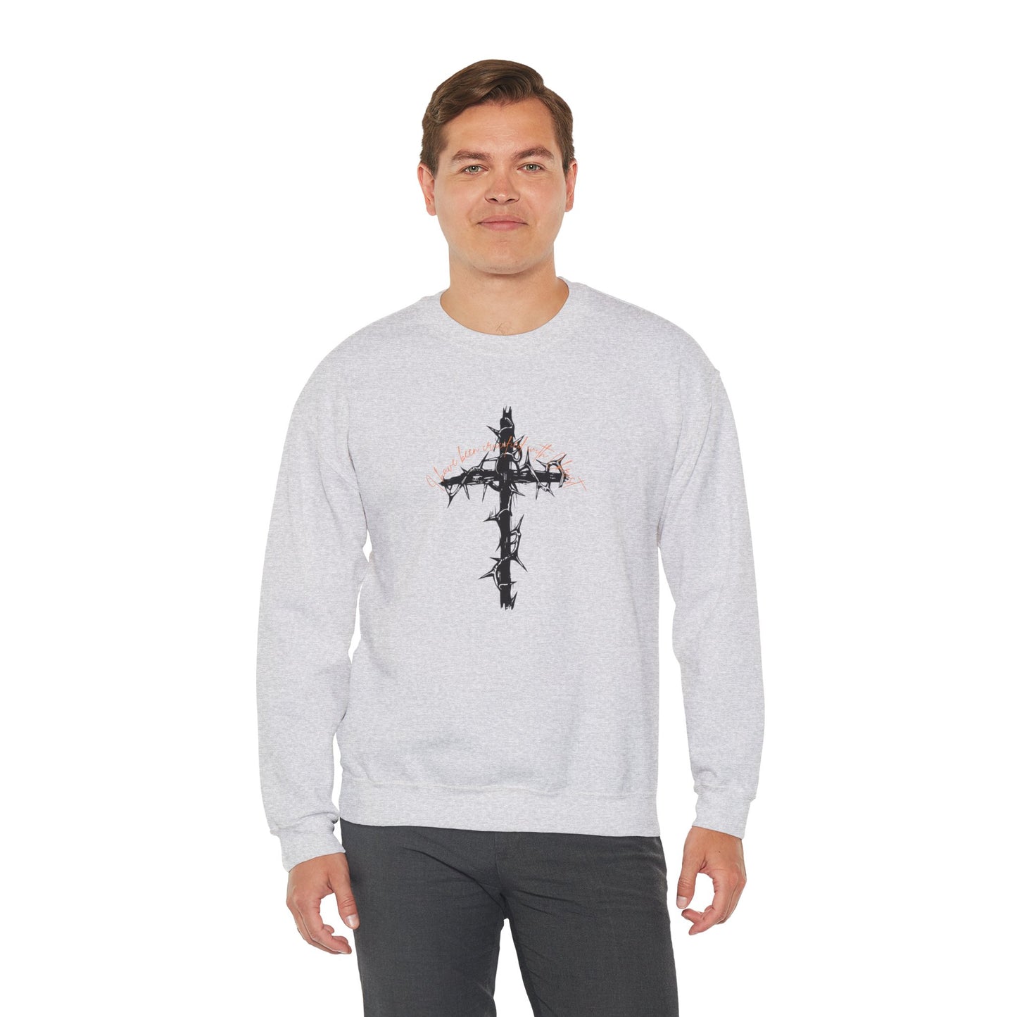 Faith Inspired Crewneck Sweatshirt Barbed Cross Design with Galatians 2:20