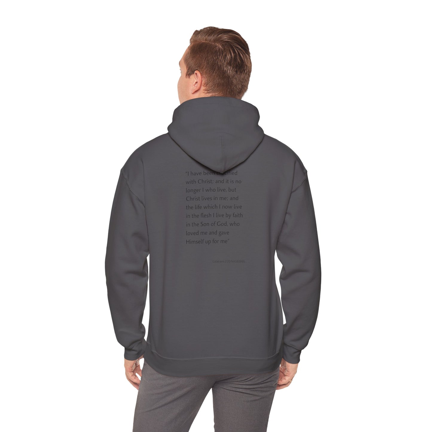 Faith Inspired Christian Cross with Thorns on Front and Galatians 2:20 on back Hooded Sweatshirt