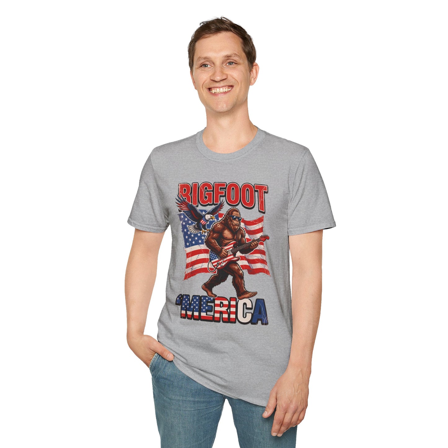 Bigfoot America T-Shirt — Patriotic Bigfoot Playing Guitar Graphic Tee