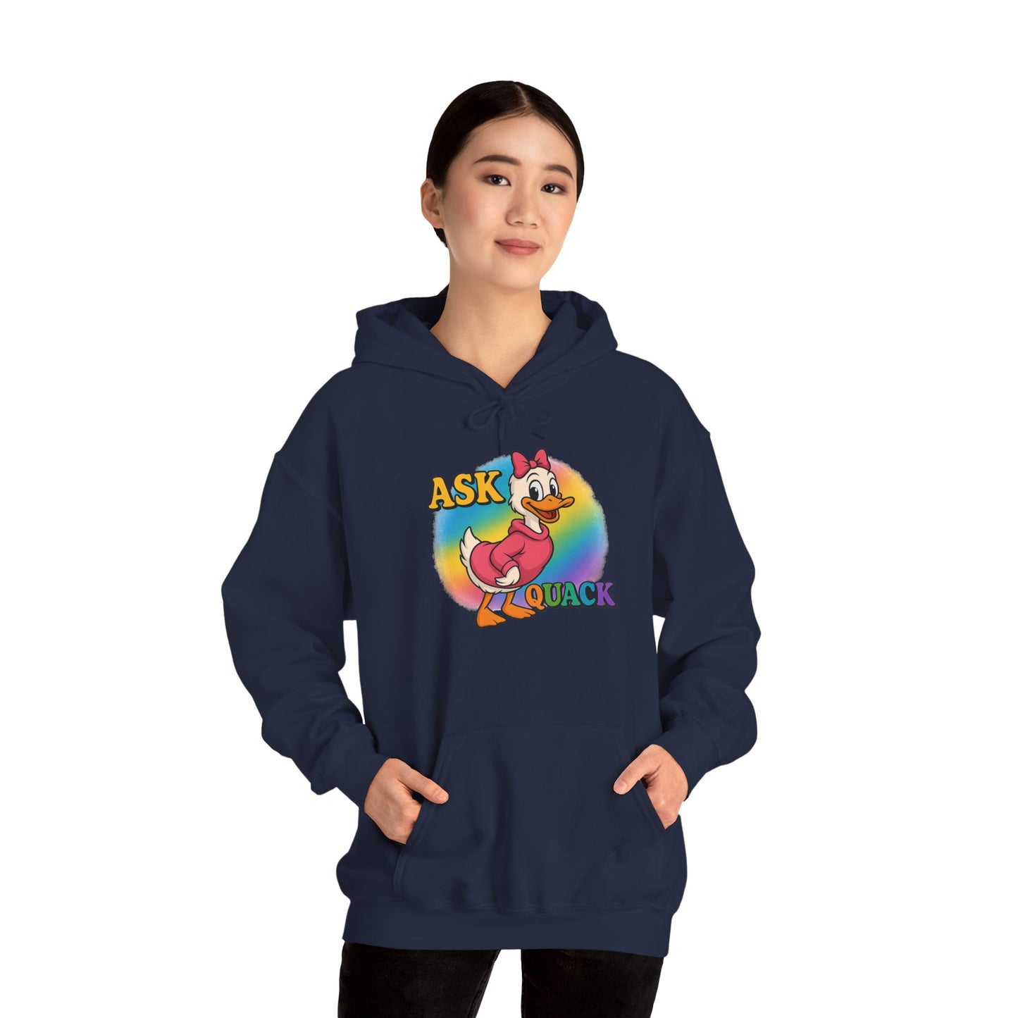 Askquack Female Duck Unisex Hoodie, Quirky Duck Design Sweatshirt, Novelty Animal Jumper, Humorous Duck Apparel, Unique Hooded Top