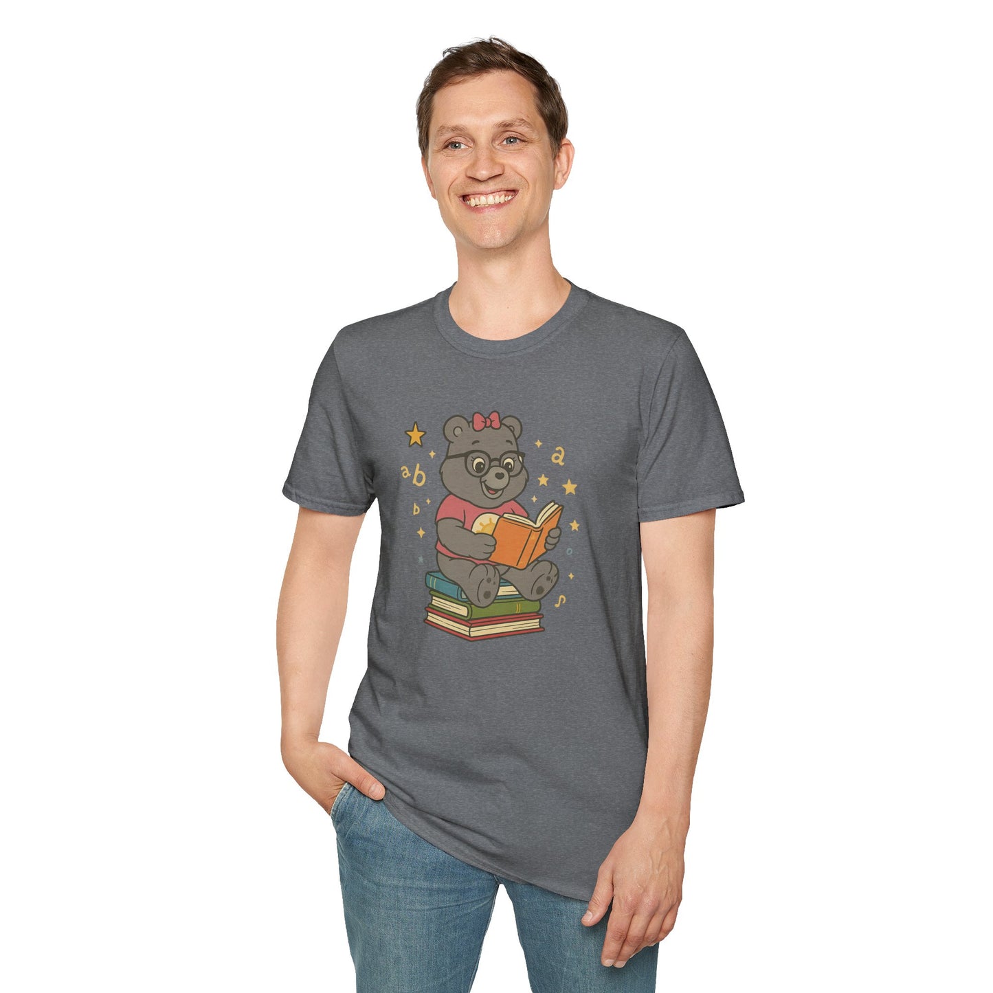 Carebear Jr Book Design Unisex Softstyle T-Shirt, Kids Graphic Tee, Children Reading Shirt, Cute Bear Illustration Top, Retro Style Apparel