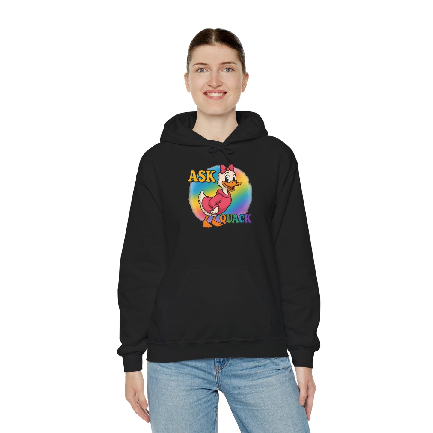 Askquack Female Duck Unisex Hoodie, Quirky Duck Design Sweatshirt, Novelty Animal Jumper, Humorous Duck Apparel, Unique Hooded Top