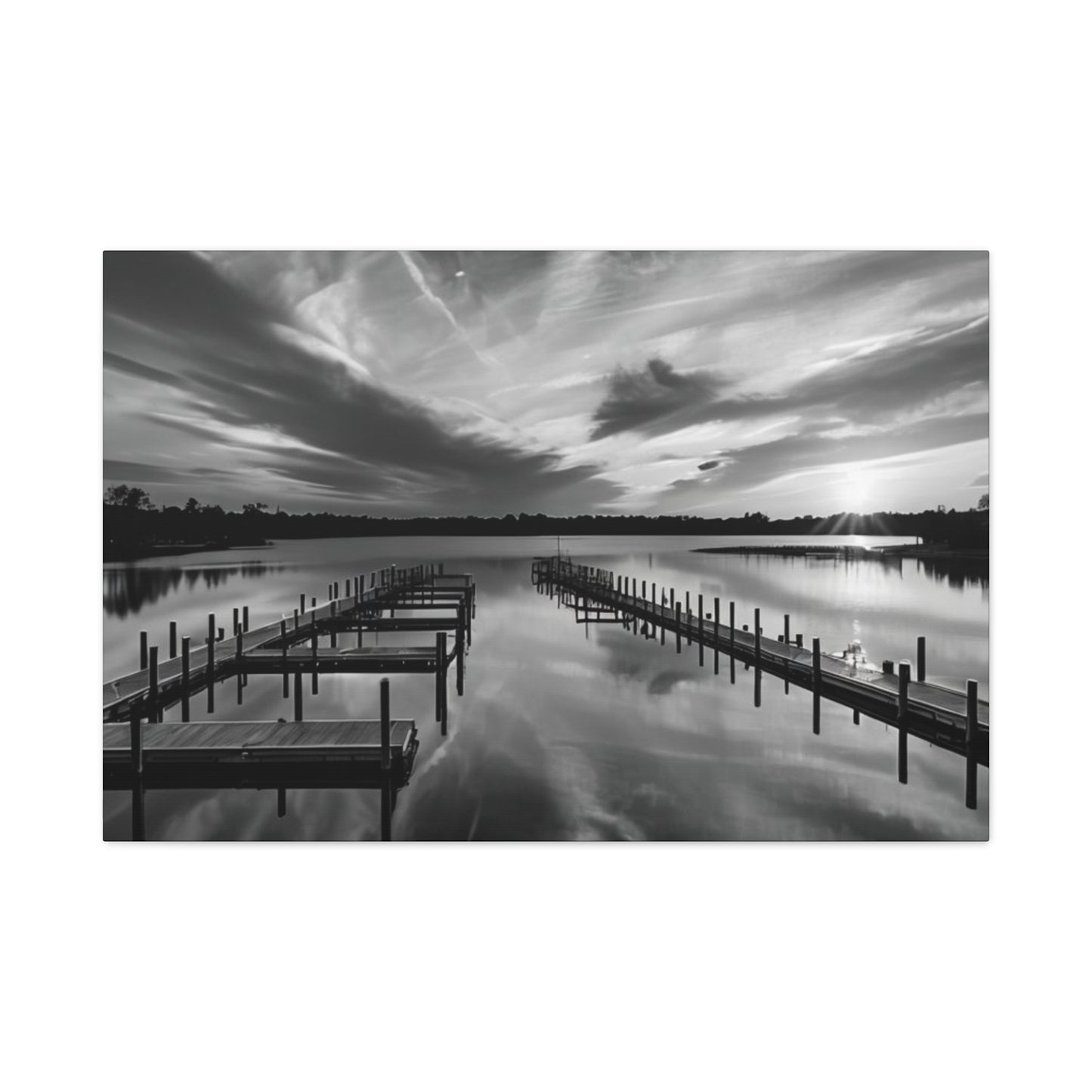 Serene Black and White Landscape Canvas Wall Art. Experience the calming vibe of overlooking the water at the end of the day.