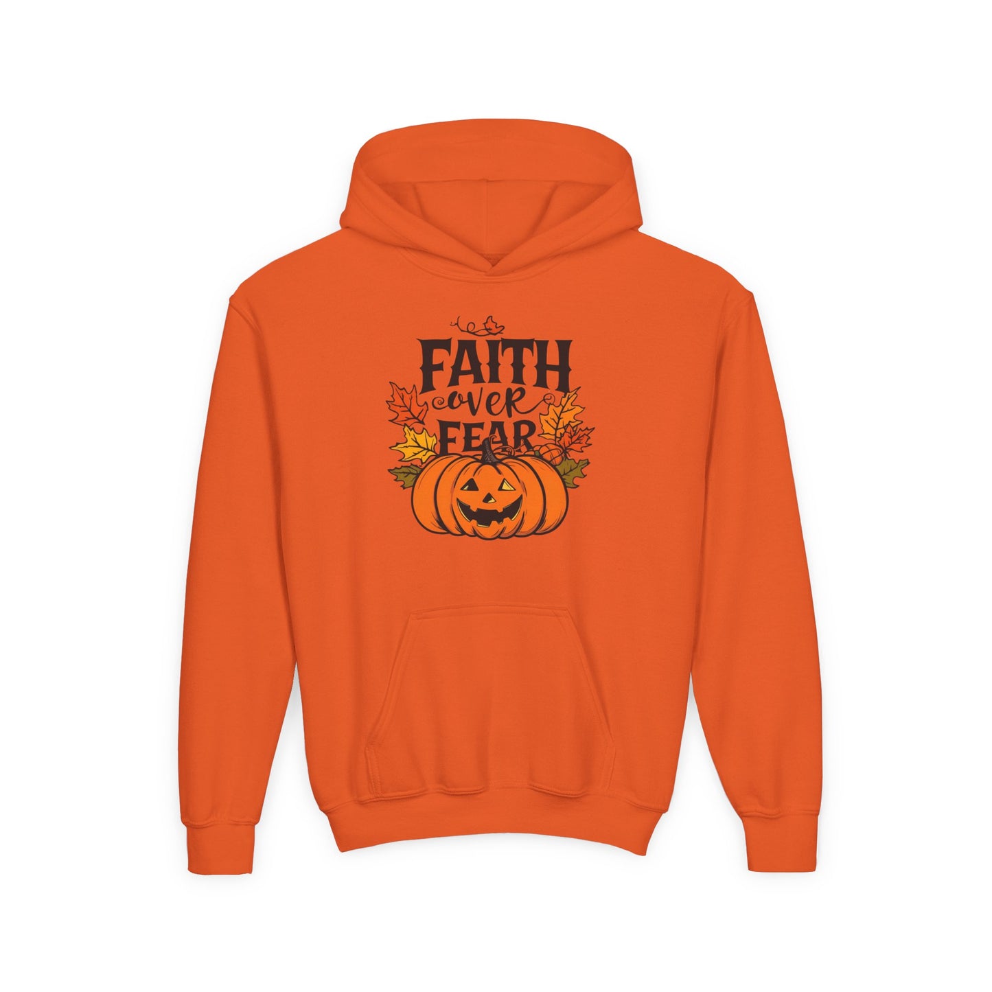 Halloween Faith Over Fear Kids Hoodie - Fall Sweatshirt, Halloween Apparel, Cozy Gift, Pumpkin Design, Inspirational Clothing