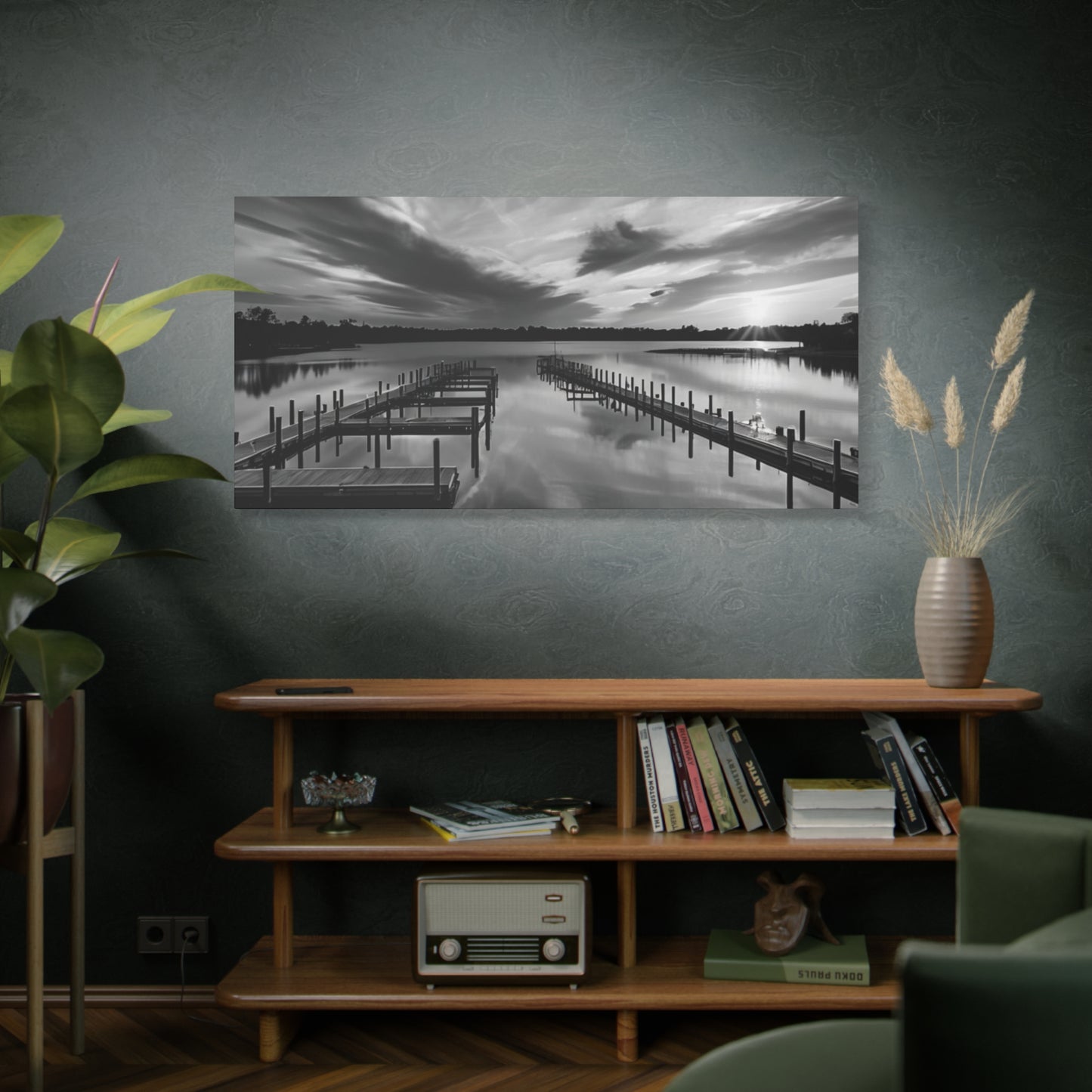 Serene Black and White Landscape Canvas Wall Art. Experience the calming vibe of overlooking the water at the end of the day.