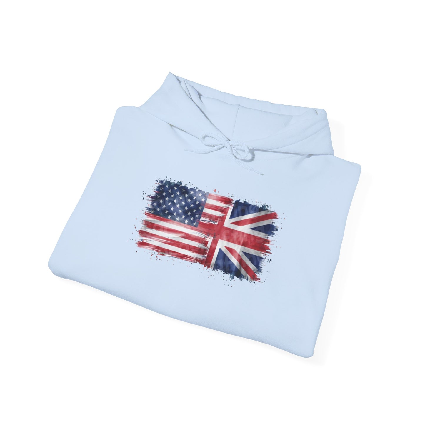 Patriotic Hooded Sweatshirt | Unisex Heavy Blend™ | USA & UK Flag Design | Cozy Gift for Holidays, Reunions, or Casual Wear