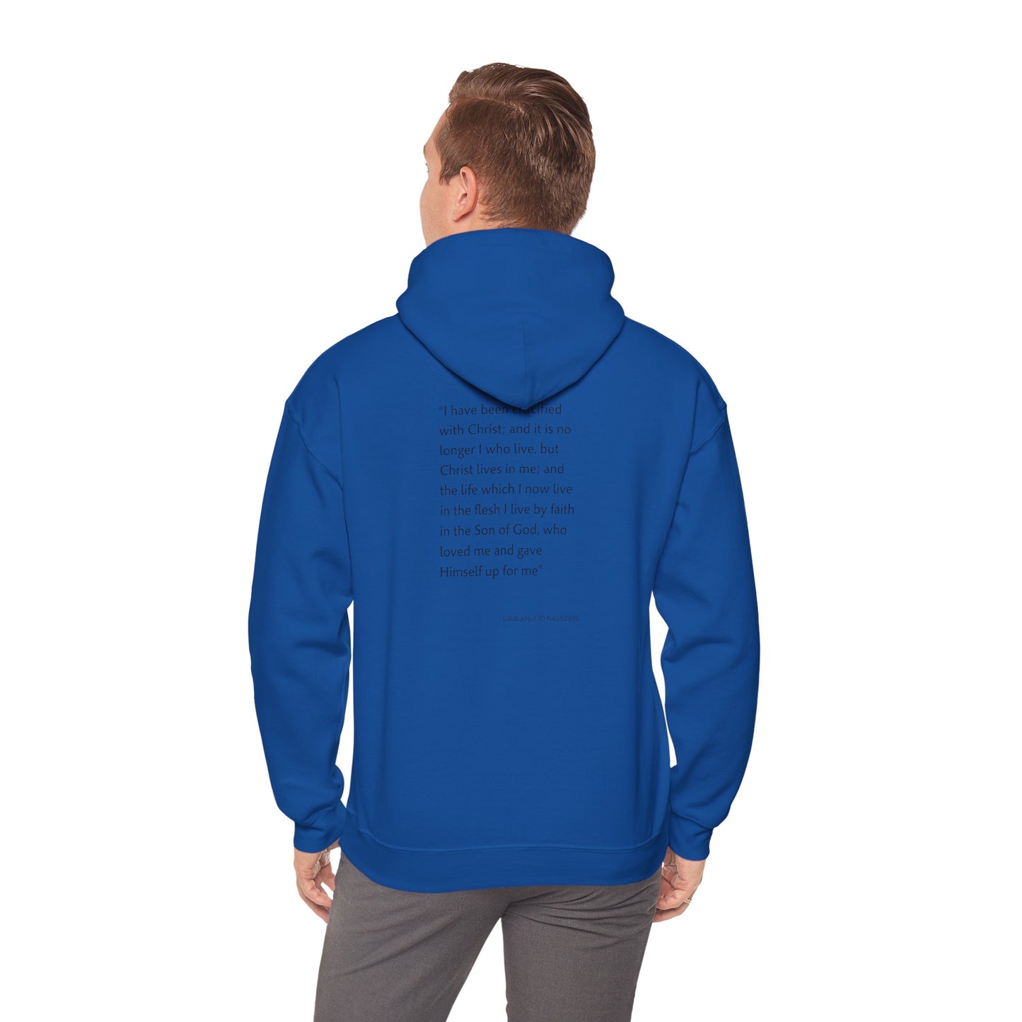 Faith Inspired Christian Cross with Thorns on Front and Galatians 2:20 on back Hooded Sweatshirt