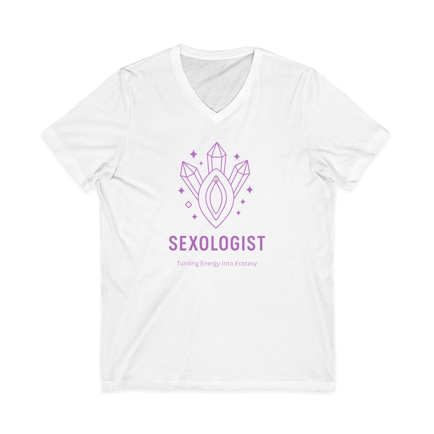 Sexologist V-Neck T-Shirt - Turning Energy into Ecstasy - Funny Graphic Tee, Gift for Sex Educators, Pride Apparel, Unisex Jersey Short