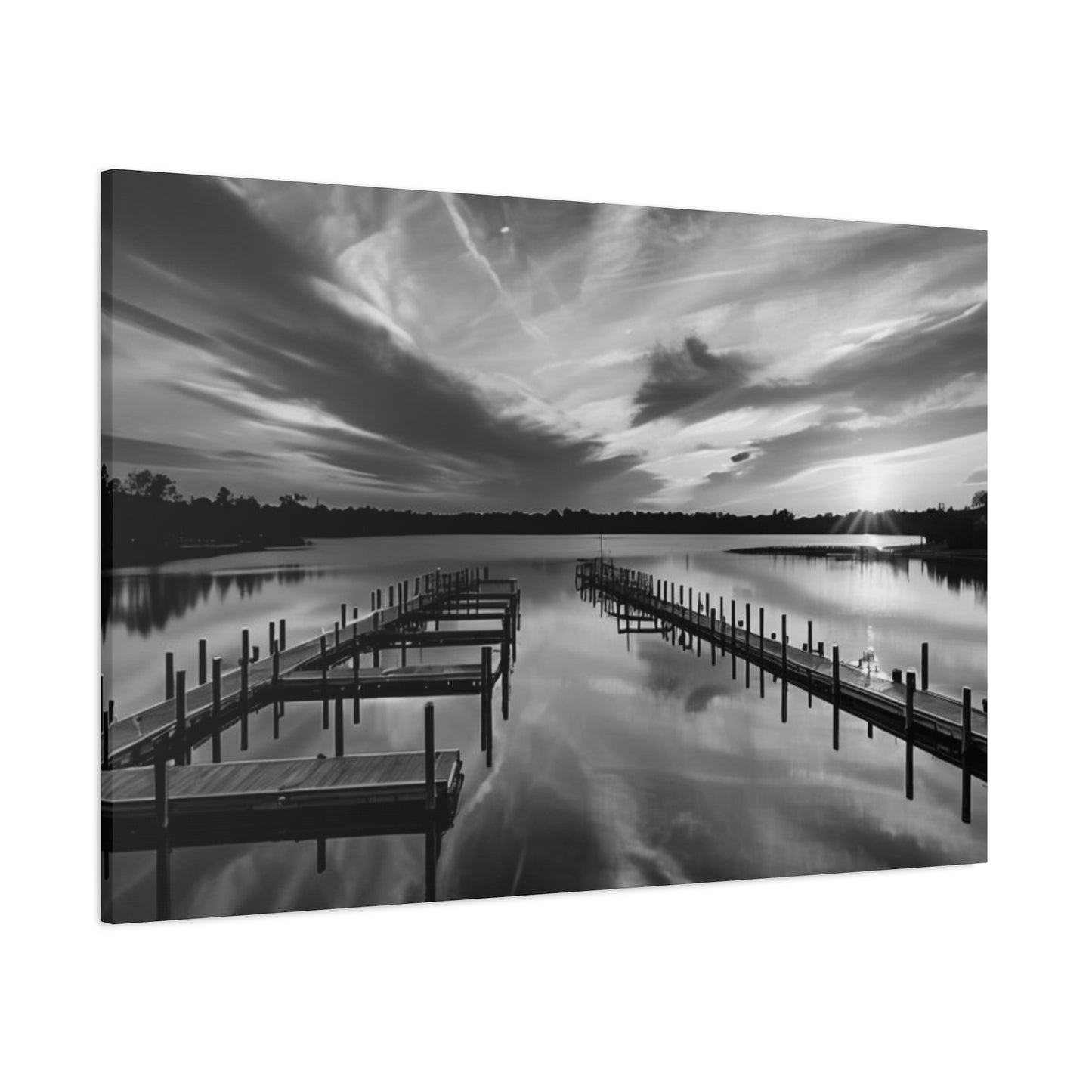 Serene Black and White Landscape Canvas Wall Art. Experience the calming vibe of overlooking the water at the end of the day.