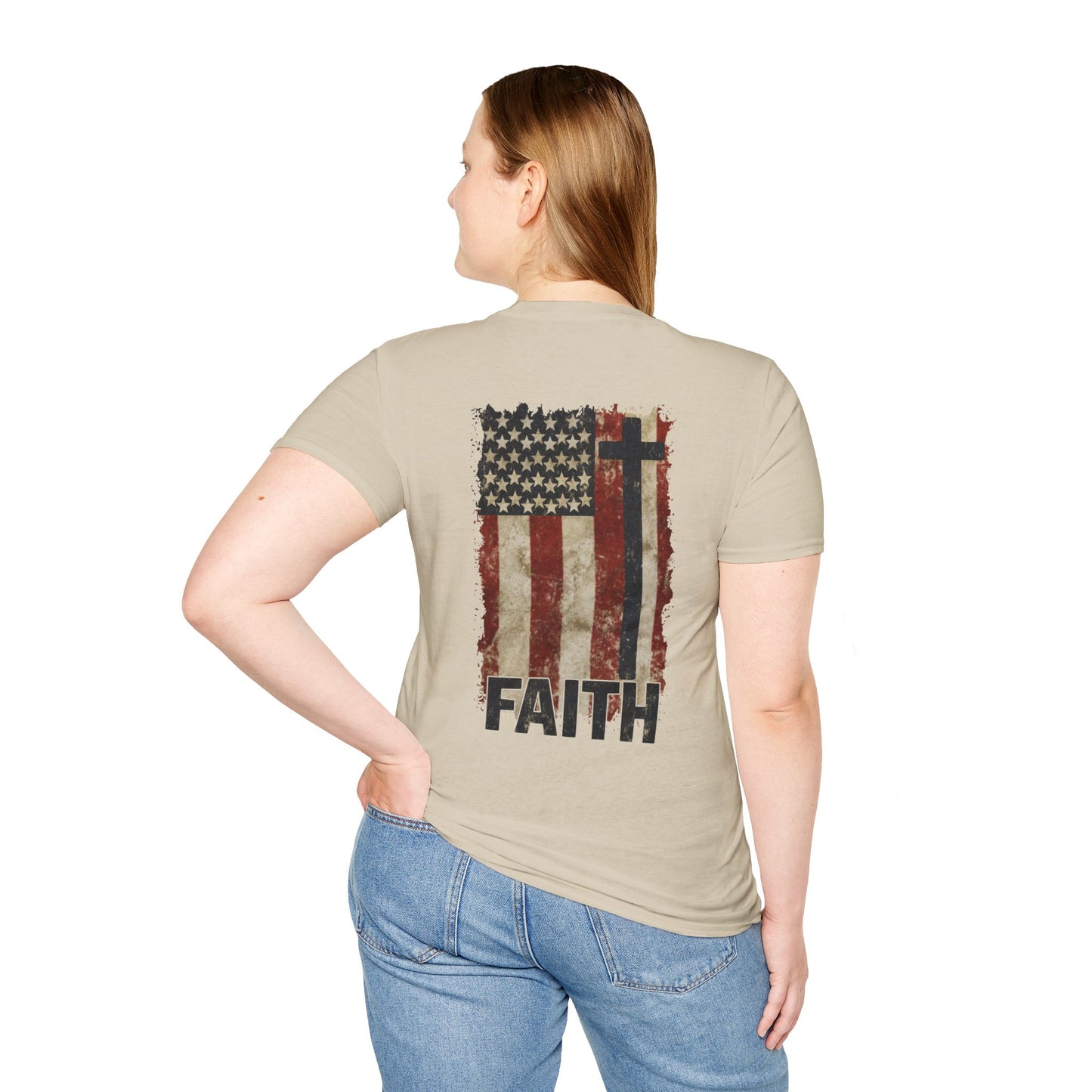 Faith-Inspired Unisex Softstyle T-Shirt, Vintage American Flag Tee, Inspirational Faith Shirt, Christian Apparel, Gifts for Believers