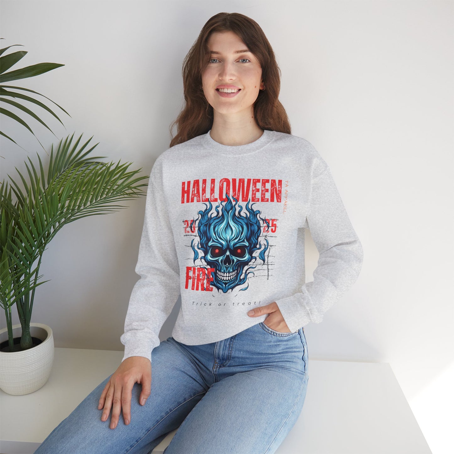 Halloween Fire Skull Sweatshirt, Unisex Crewneck for Fall, Spooky Season Apparel, Gift for Halloween Lovers, Cozy Awareness Top