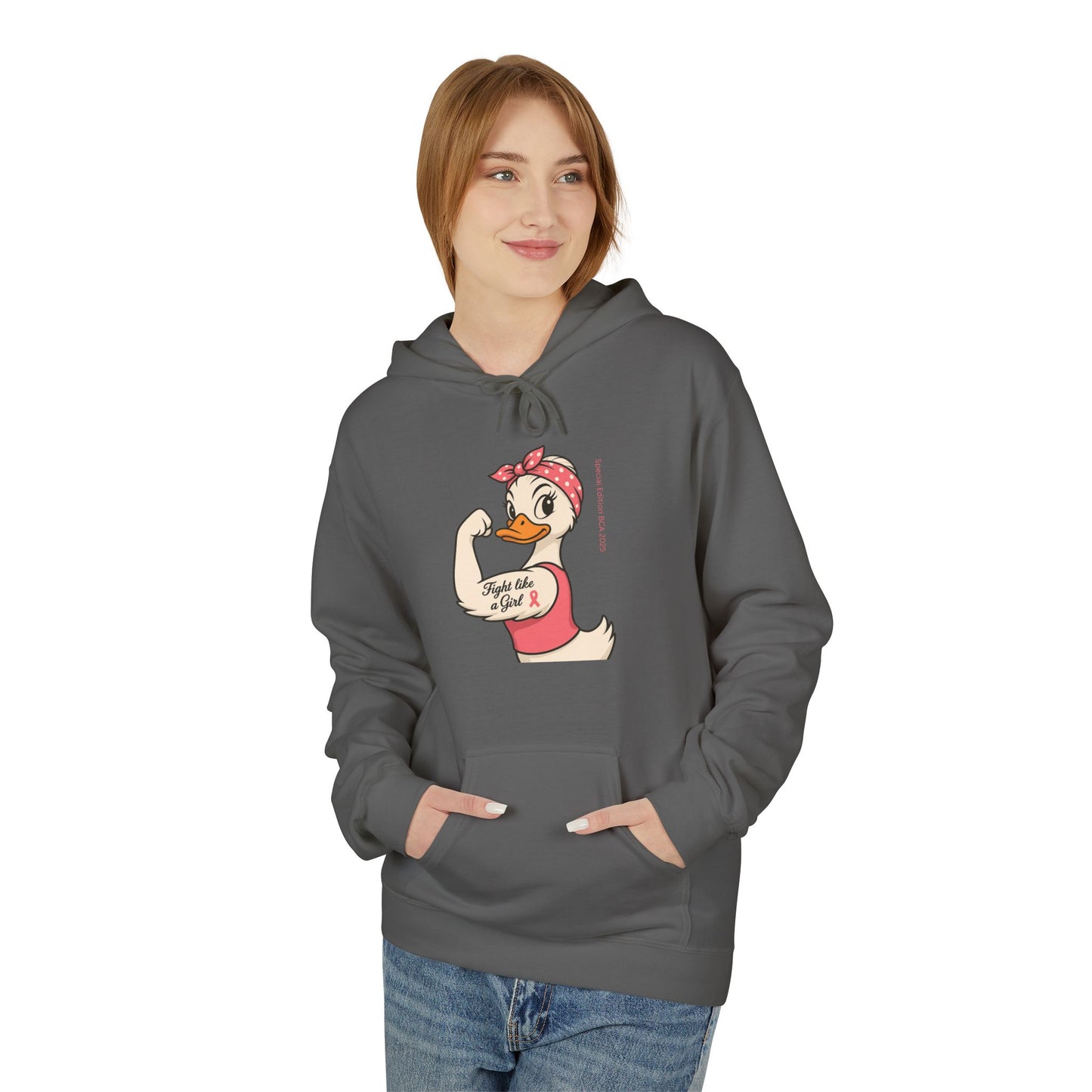 Breast Cancer Awareness Hoodie - Roxie the Riveter Duck Graphic - Fight Like a Girl Slogan, Feminist Apparel, Pink Ribbon Hoodie, Advocacy