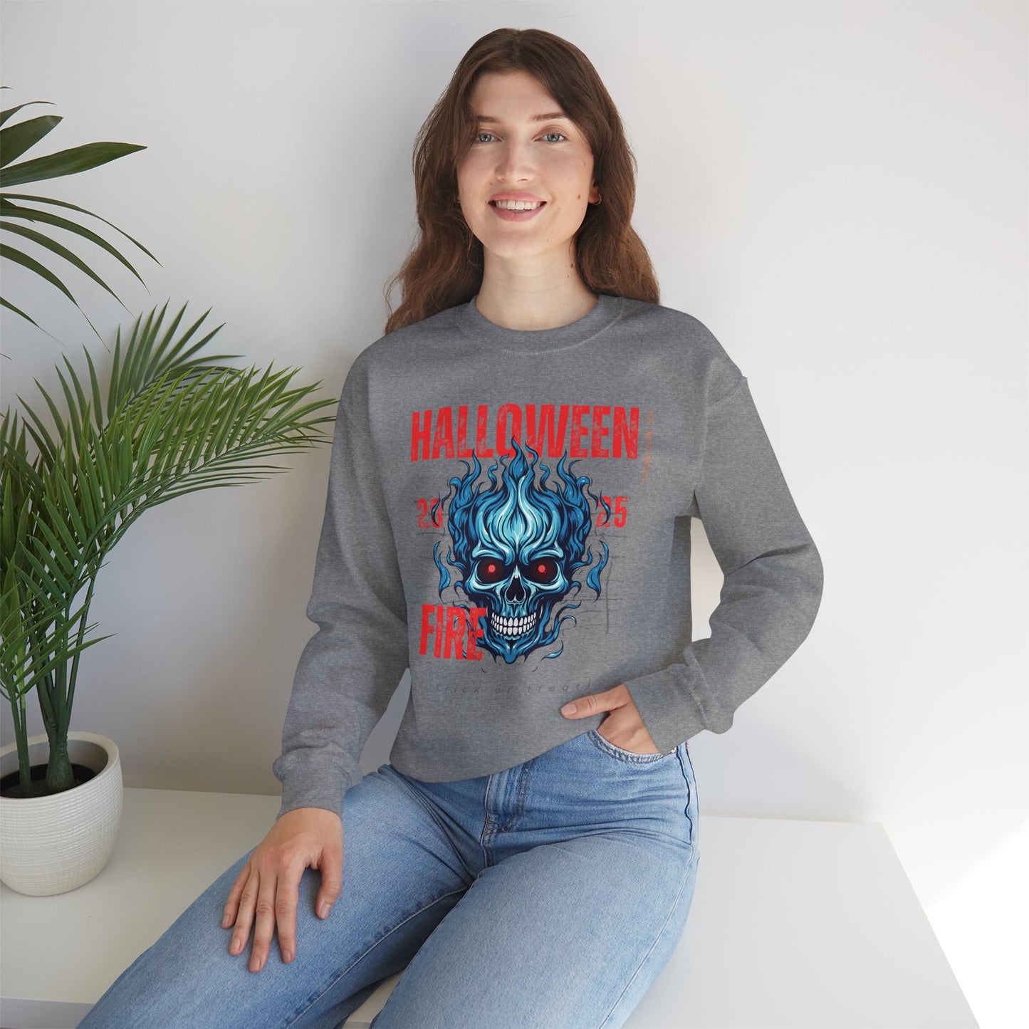 Halloween Fire Skull Sweatshirt, Unisex Crewneck for Fall, Spooky Season Apparel, Gift for Halloween Lovers, Cozy Awareness Top