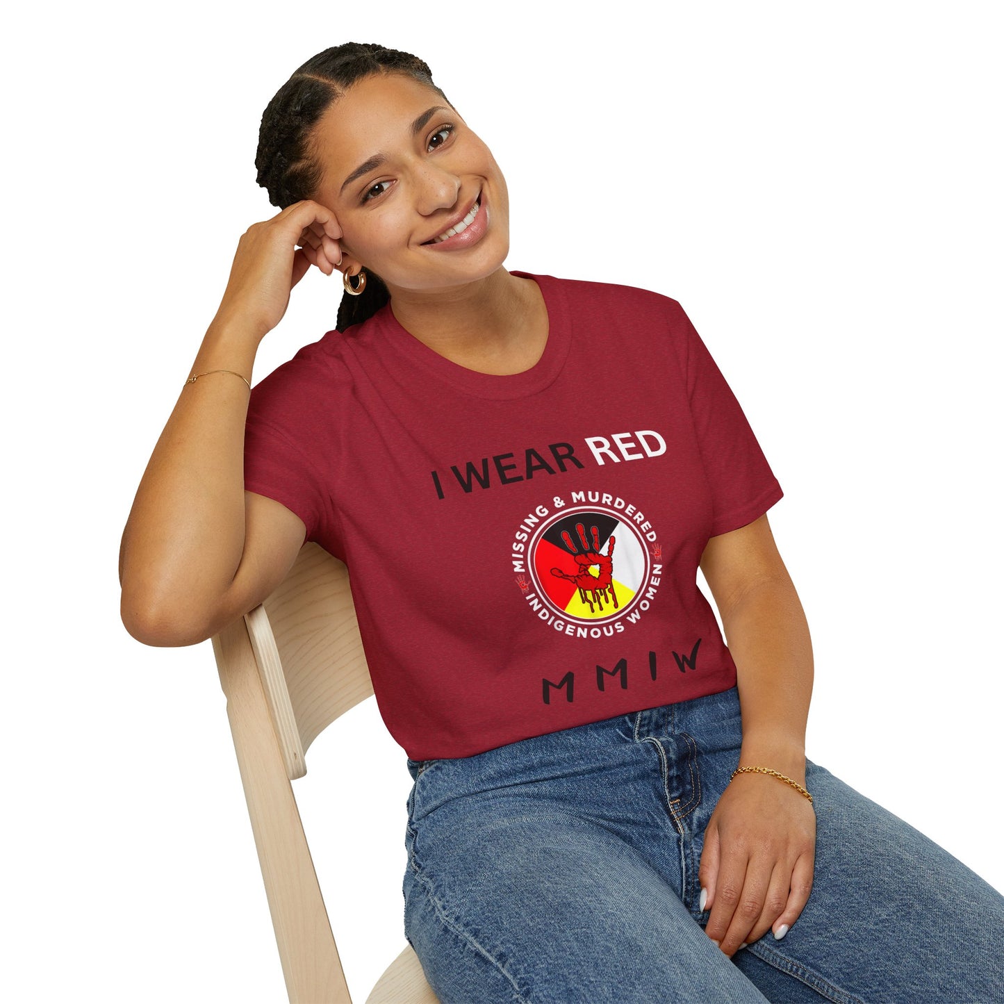 MMIW Unisex Softstyle T-Shirt with 'I Wear Red - MMIW' Design | Awareness Apparel, Indigenous Rights, Casual Wear, Statement Clothing, Gift Idea