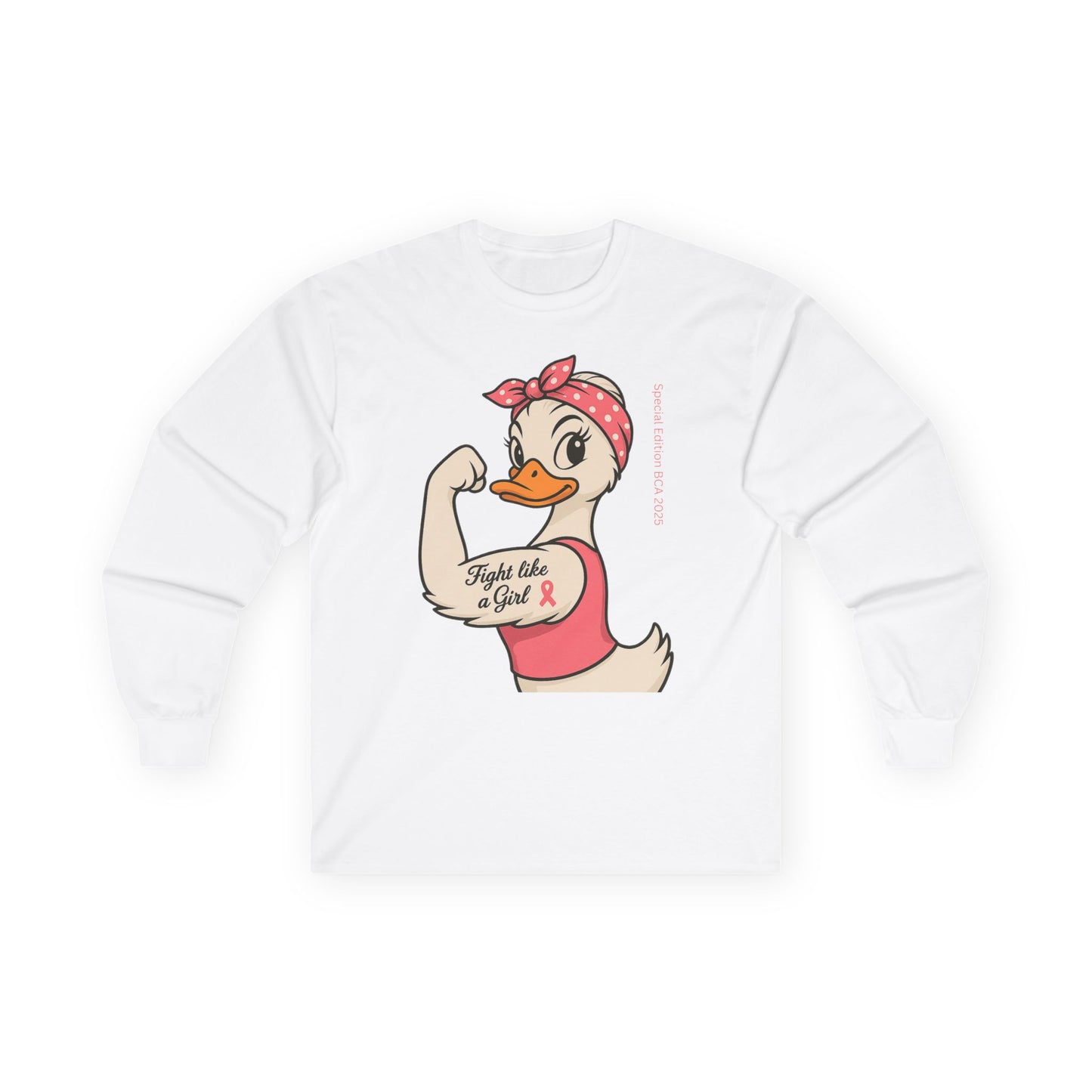Breast Cancer Awareness Fight Like a Girl Duck Long Sleeve Tee - Unisex Crewneck, Roxie the Riveter Empowerment, Gift for him and her