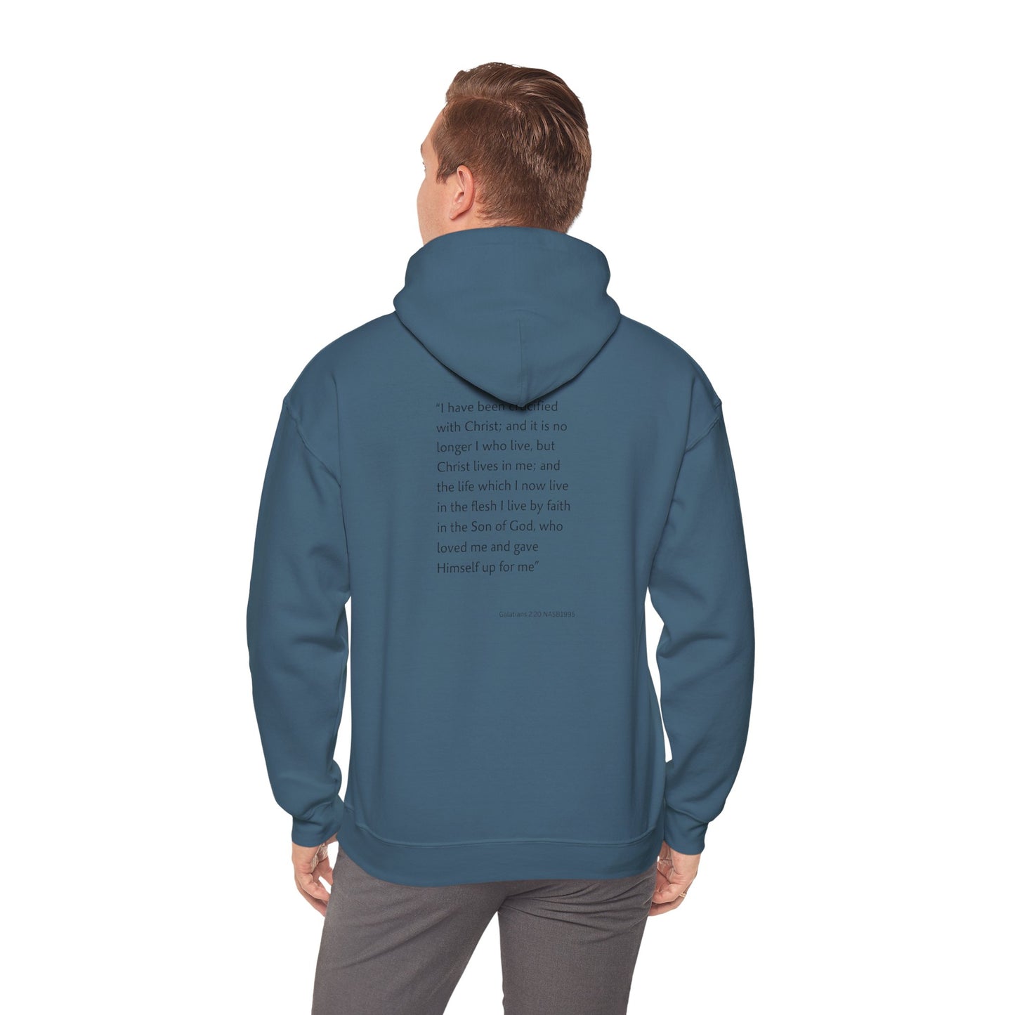 Faith Inspired Christian Cross with Thorns on Front and Galatians 2:20 on back Hooded Sweatshirt