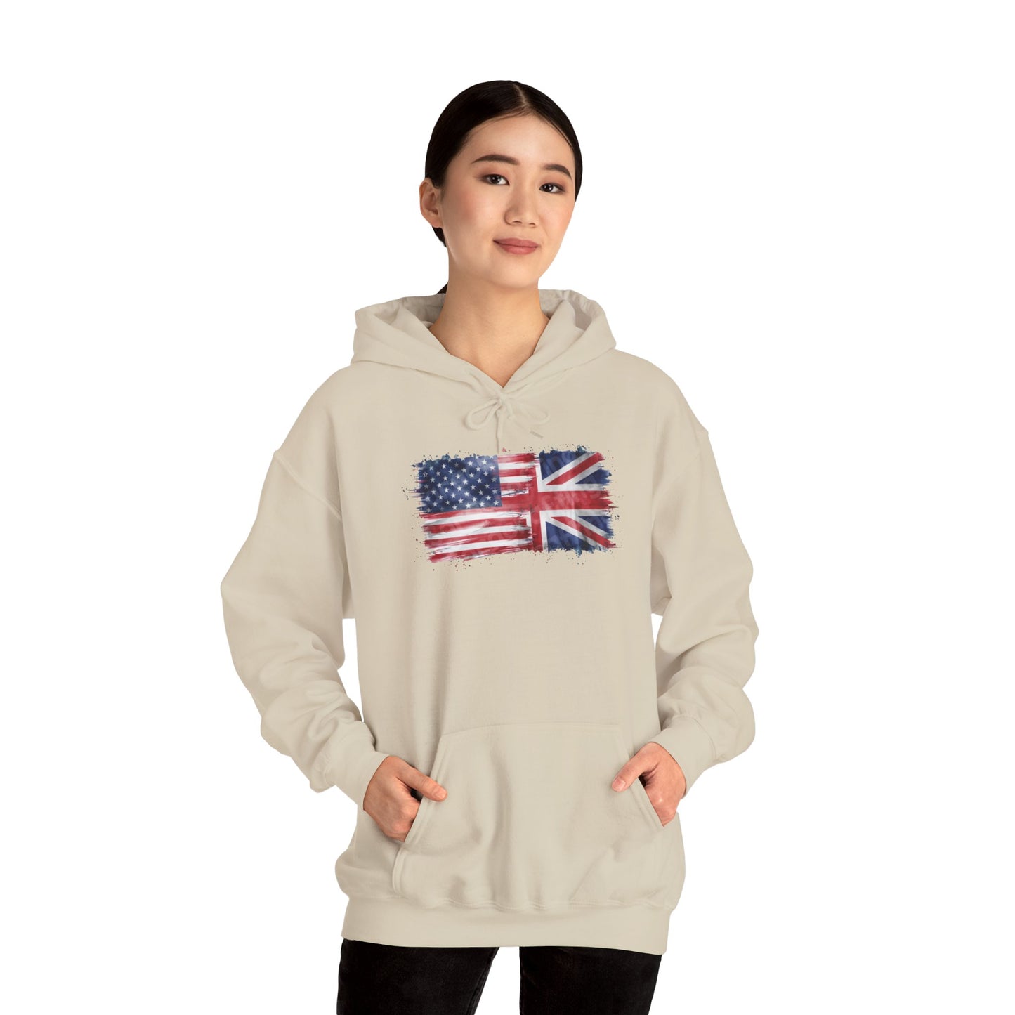 Patriotic Hooded Sweatshirt | Unisex Heavy Blend™ | USA & UK Flag Design | Cozy Gift for Holidays, Reunions, or Casual Wear