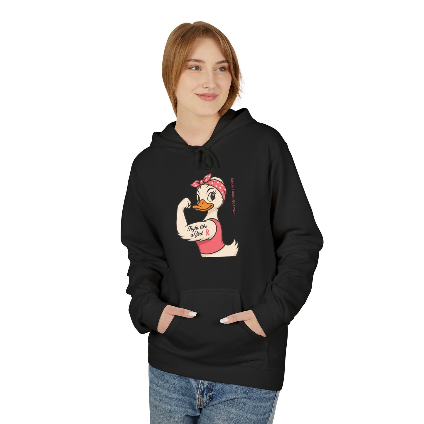 Breast Cancer Awareness Hoodie - Roxie the Riveter Duck Graphic - Fight Like a Girl Slogan, Feminist Apparel, Pink Ribbon Hoodie, Advocacy