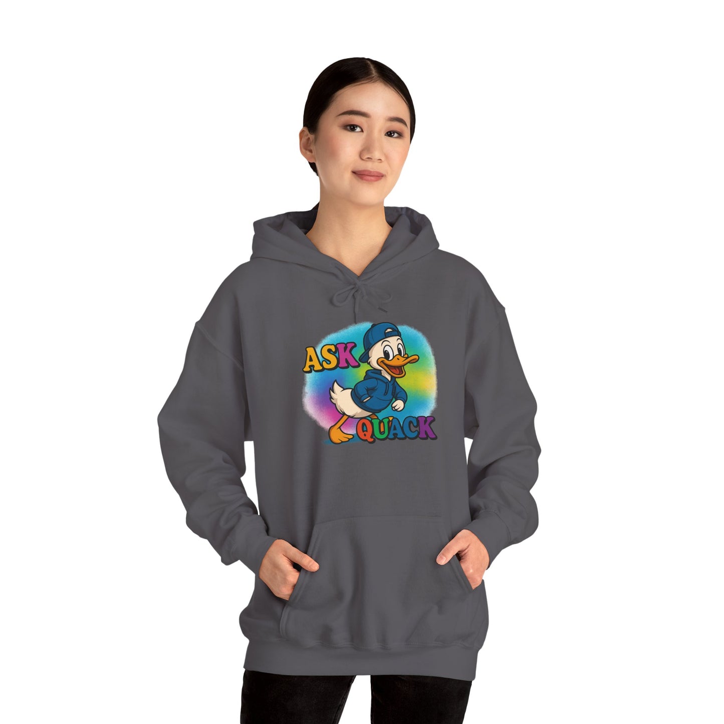 Askquack Male Duck Unisex Hoodie, Quirky Duck Design Sweatshirt, Novelty Animal Jumper, Humorous Duck Apparel, Unique Hooded Top