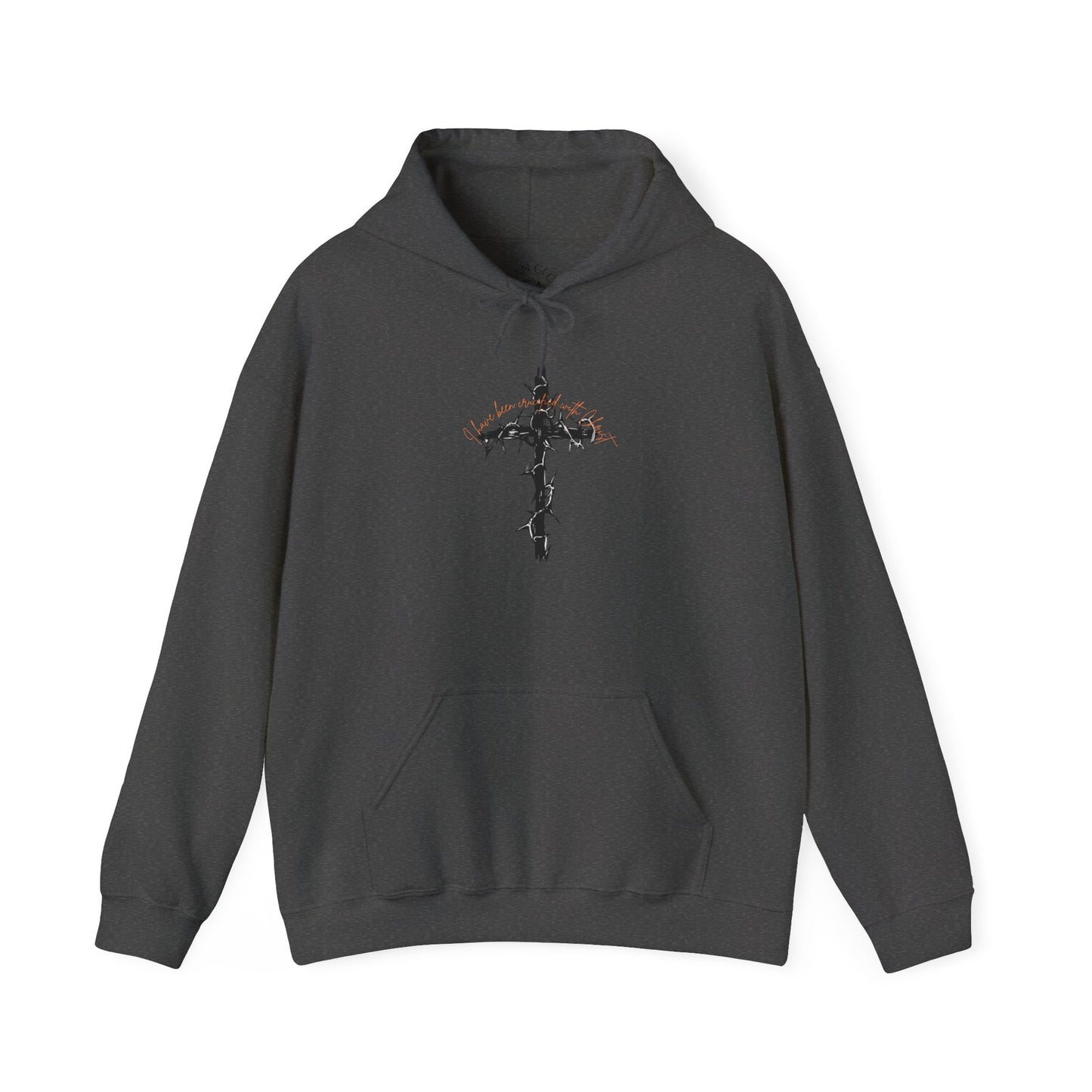 Faith Inspired Christian Cross with Thorns on Front and Galatians 2:20 on back Hooded Sweatshirt