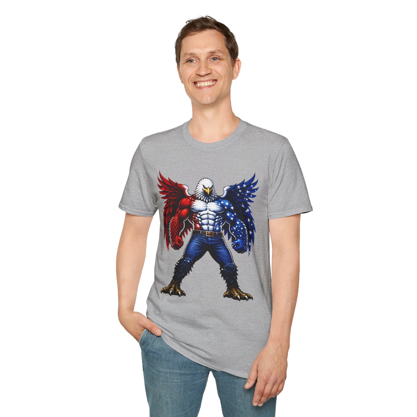Birdmanzilla Patriotic Muscular Eagle T-Shirt | Red White Blue Winged Eagle Graphic