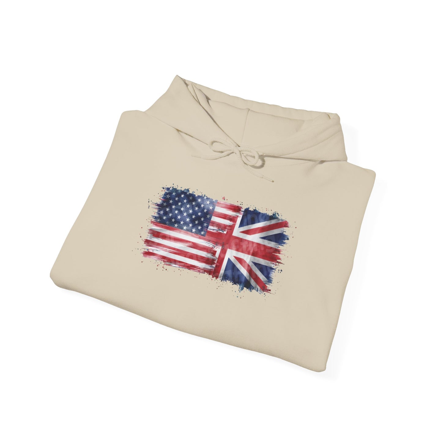 Patriotic Hooded Sweatshirt | Unisex Heavy Blend™ | USA & UK Flag Design | Cozy Gift for Holidays, Reunions, or Casual Wear