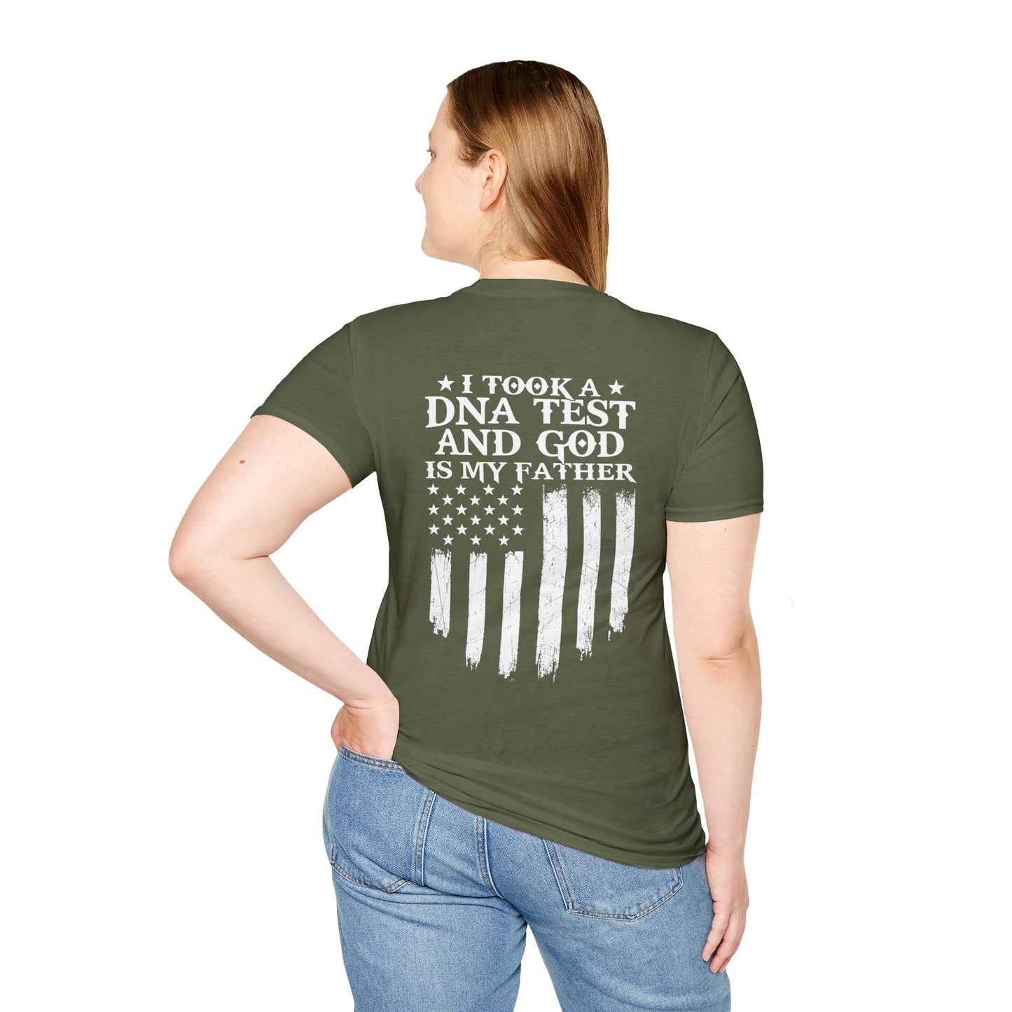 Patriotic DNA Test T-Shirt - Unisex Softstyle - I took a DNA test and GOD is my father