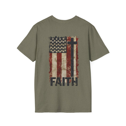 Faith-Inspired Unisex Softstyle T-Shirt, Vintage American Flag Tee, Inspirational Faith Shirt, Christian Apparel, Gifts for Believers