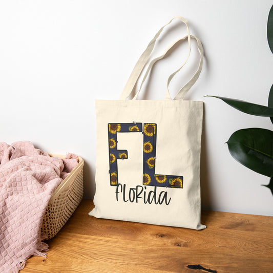 Cotton Canvas Florida Floral Tote Bag, Eco-Friendly Shopping Bag, Gift for Her, Beach Day Essentials, Travel Companion, Sunflower Print