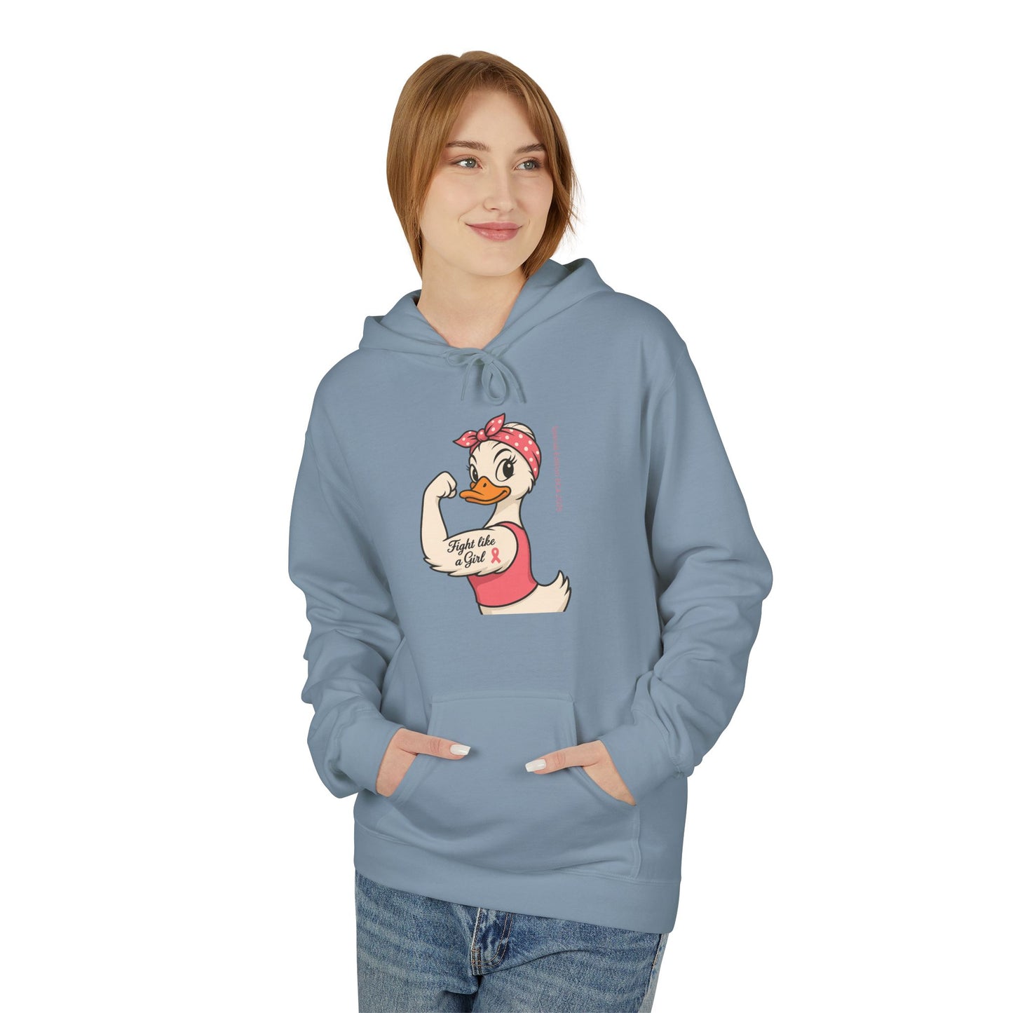 Breast Cancer Awareness Hoodie - Roxie the Riveter Duck Graphic - Fight Like a Girl Slogan, Feminist Apparel, Pink Ribbon Hoodie, Advocacy