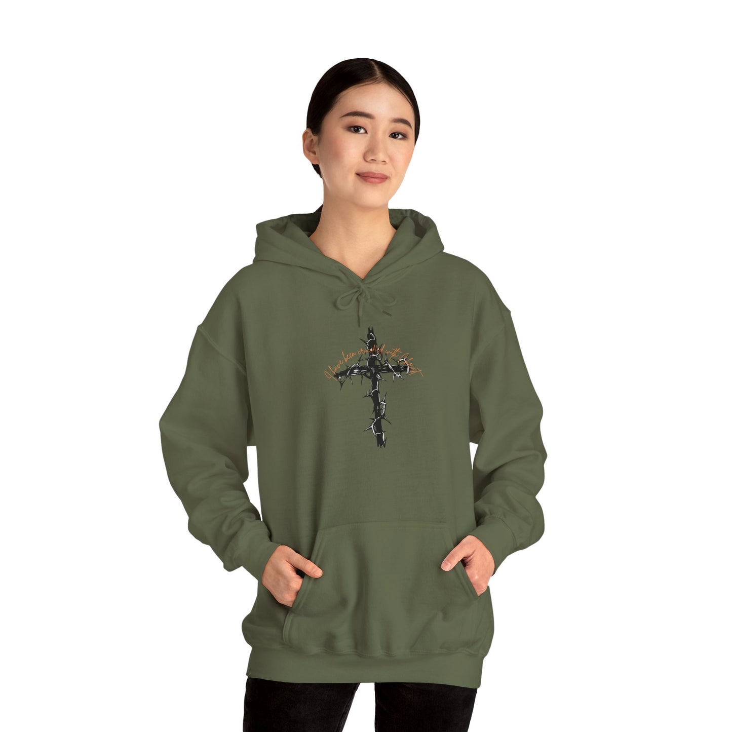 Faith Inspired Christian Cross with Thorns on Front and Galatians 2:20 on back Hooded Sweatshirt