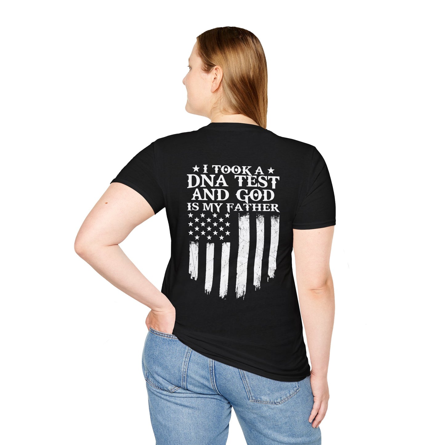 Patriotic DNA Test T-Shirt - Unisex Softstyle - I took a DNA test and GOD is my father