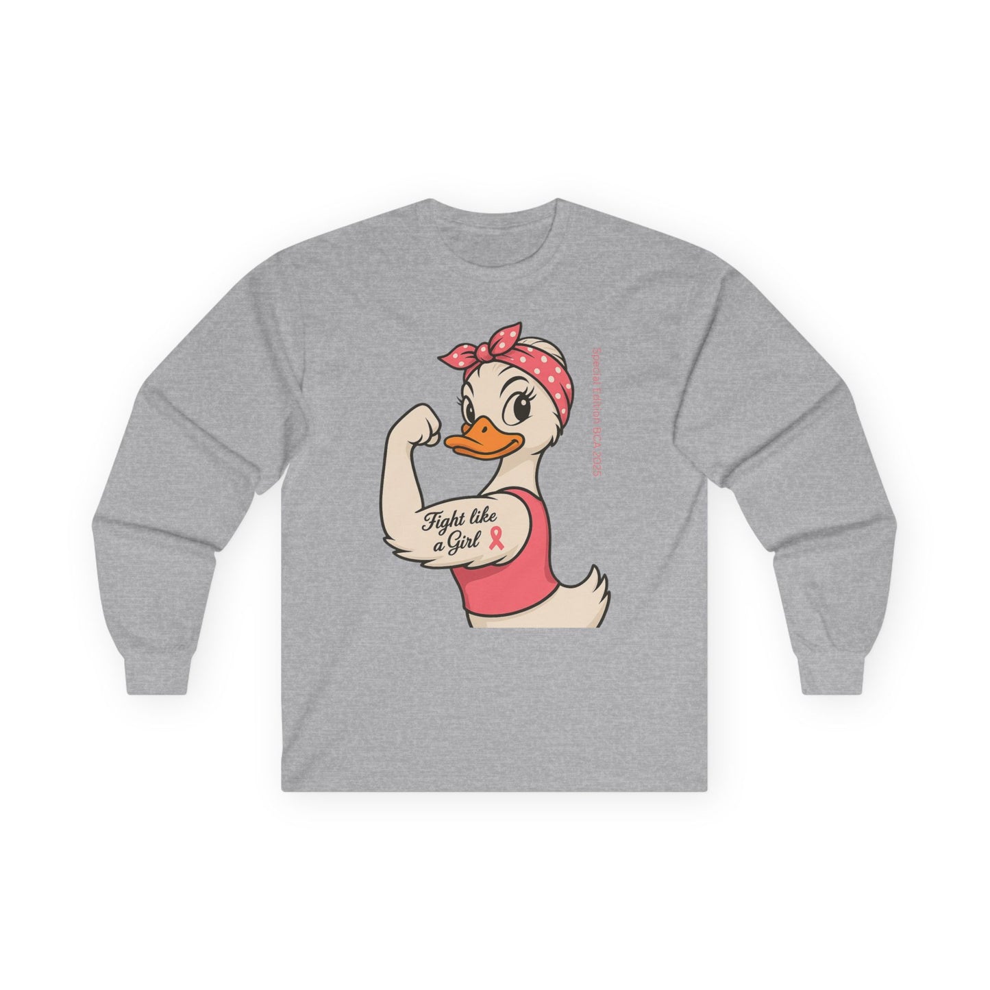 Breast Cancer Awareness Fight Like a Girl Duck Long Sleeve Tee - Unisex Crewneck, Roxie the Riveter Empowerment, Gift for him and her