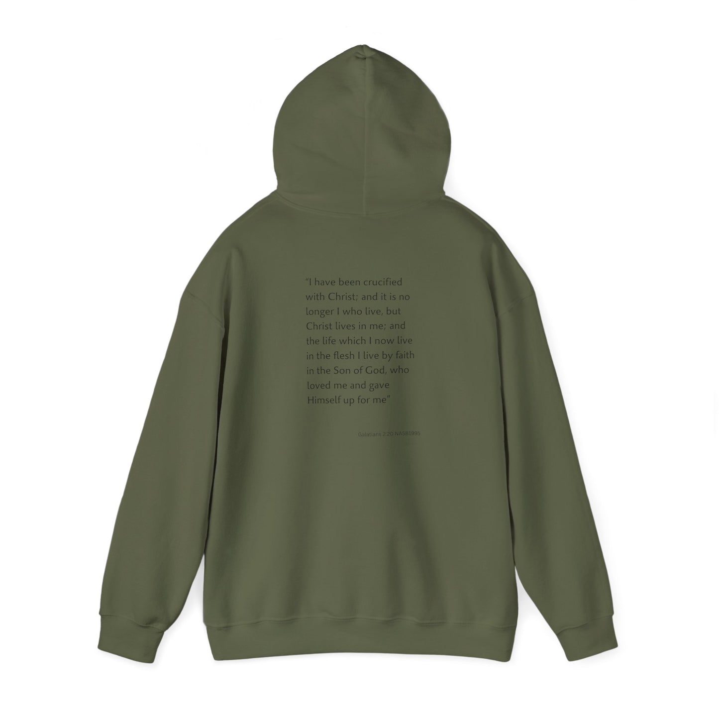 Faith Inspired Christian Cross with Thorns on Front and Galatians 2:20 on back Hooded Sweatshirt