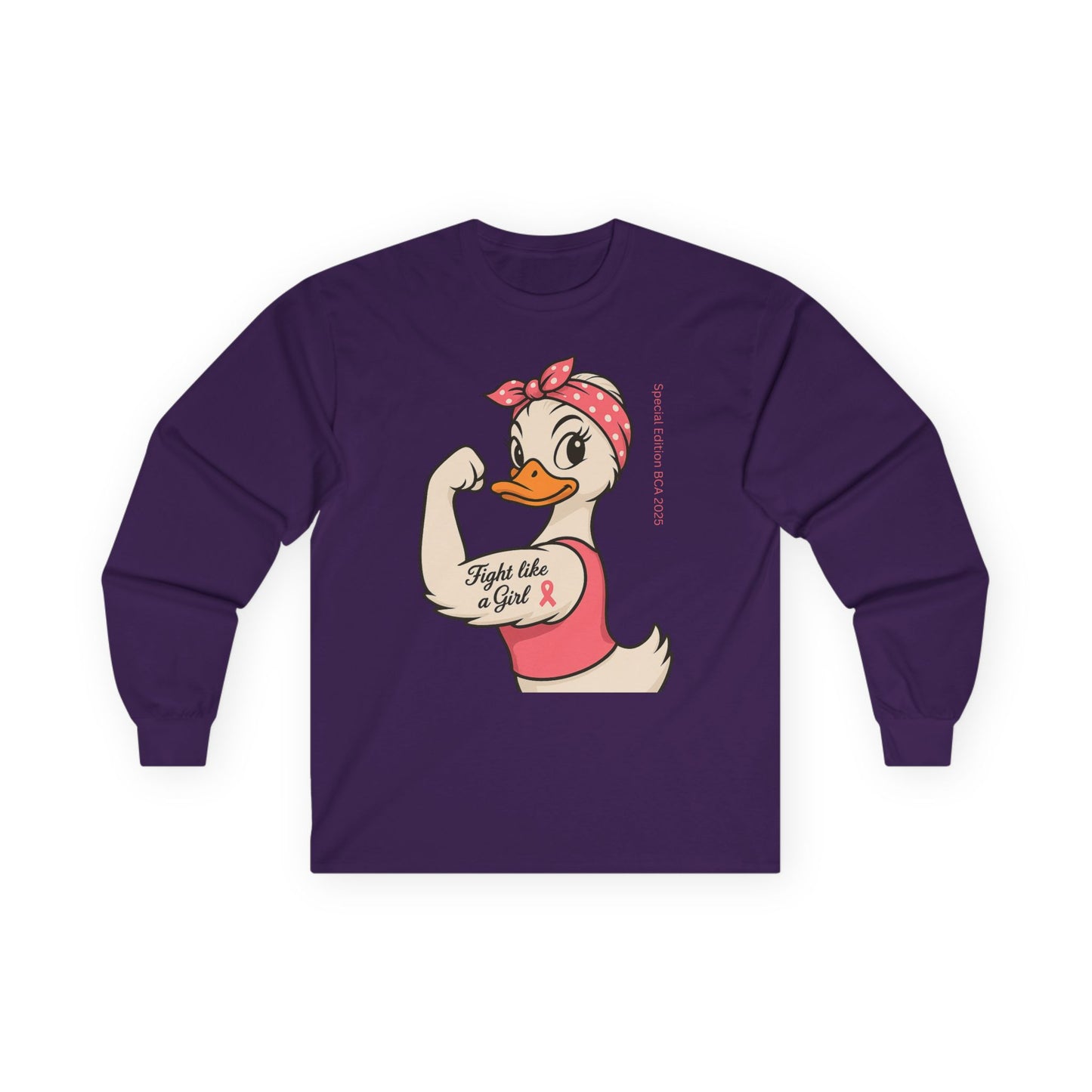 Breast Cancer Awareness Fight Like a Girl Duck Long Sleeve Tee - Unisex Crewneck, Roxie the Riveter Empowerment, Gift for him and her