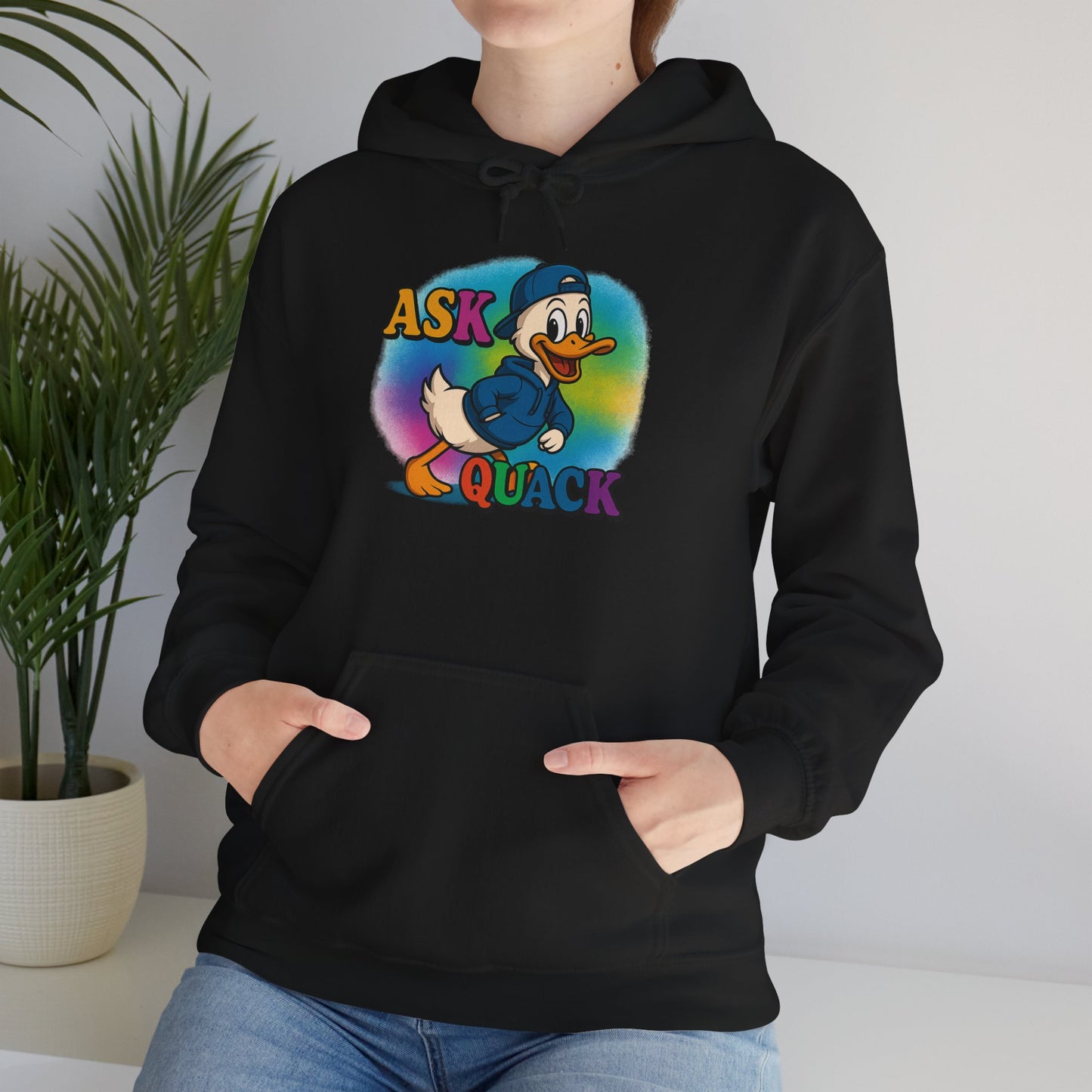 Askquack Male Duck Unisex Hoodie, Quirky Duck Design Sweatshirt, Novelty Animal Jumper, Humorous Duck Apparel, Unique Hooded Top