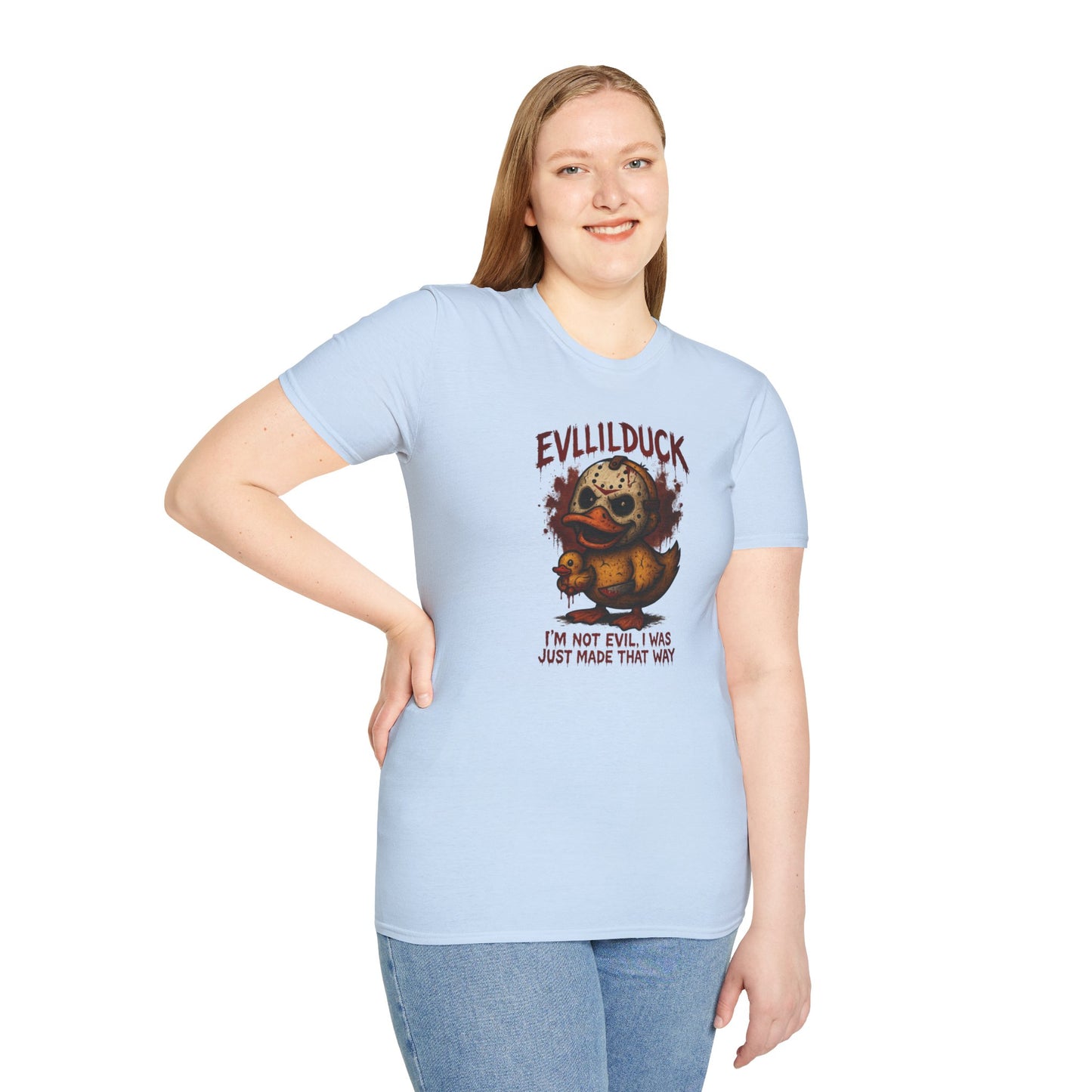 EVLLILDUCK Funny Graphic T-Shirt, Cute Duck Shirt, Unisex Softstyle Tee, Gift for Kids, Funny Quirky T-Shirt, Casual Wear, Halloween Apparel