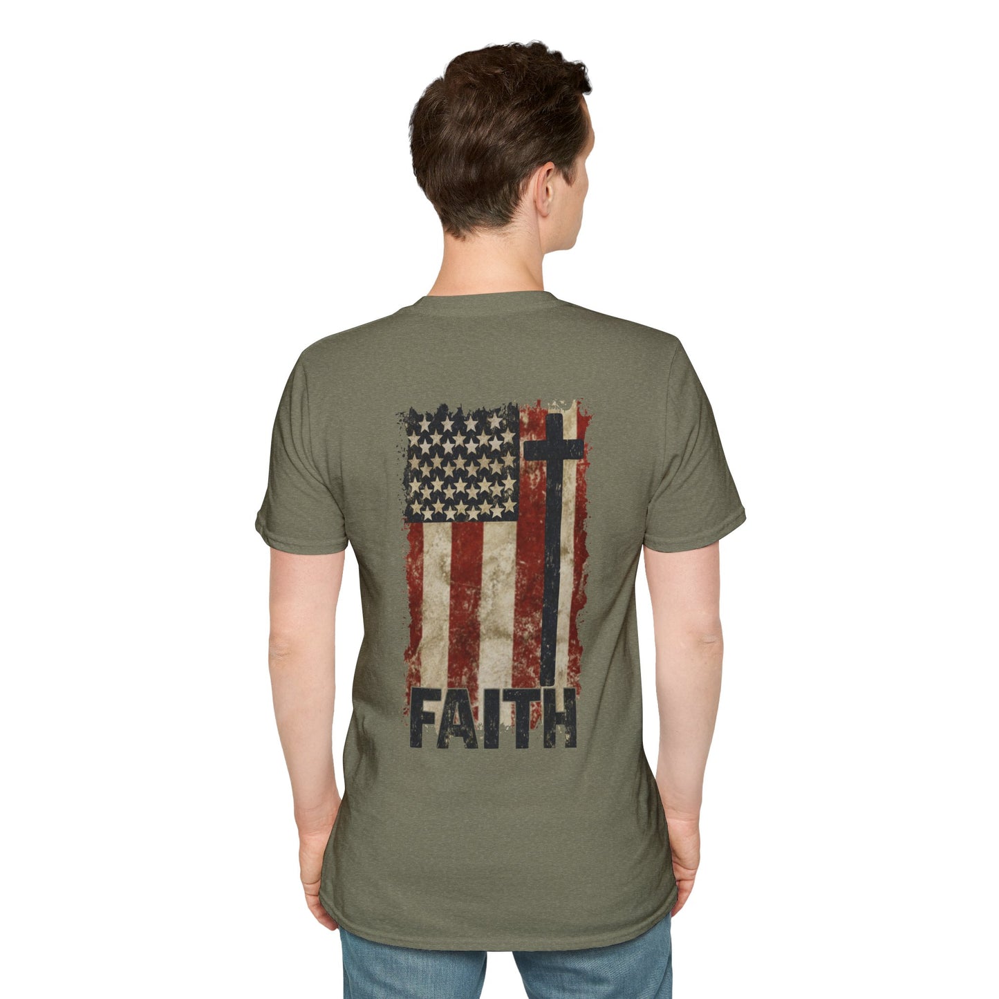 Faith-Inspired Unisex Softstyle T-Shirt, Vintage American Flag Tee, Inspirational Faith Shirt, Christian Apparel, Gifts for Believers