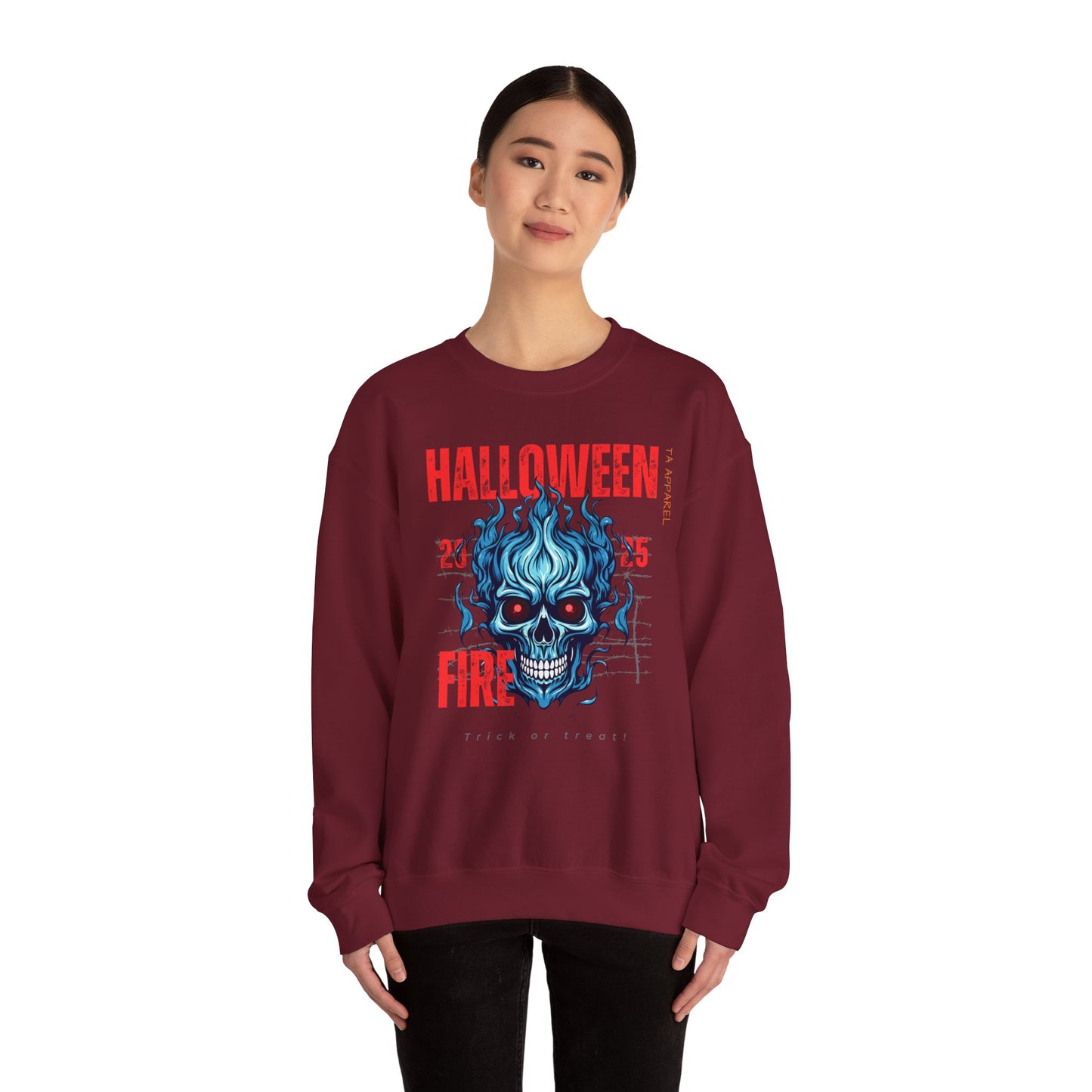 Halloween Fire Skull Sweatshirt, Unisex Crewneck for Fall, Spooky Season Apparel, Gift for Halloween Lovers, Cozy Awareness Top