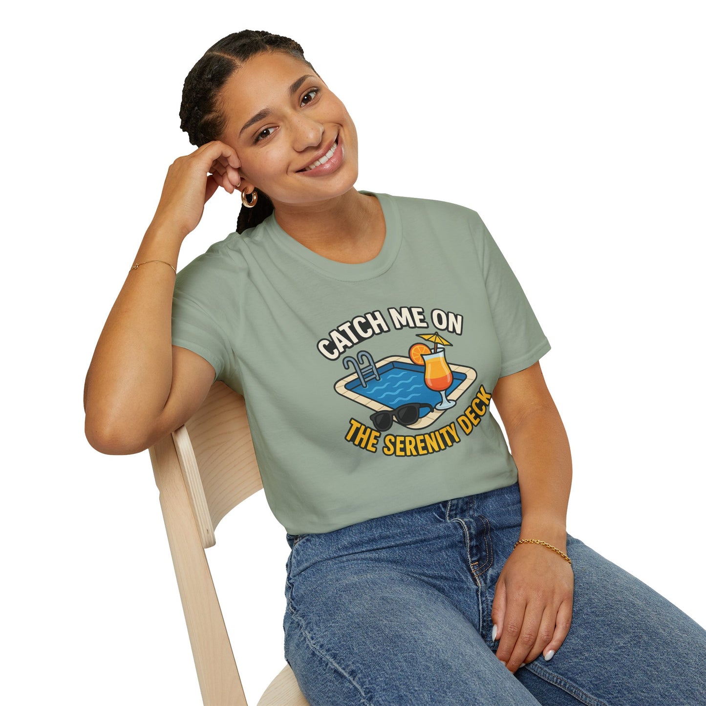 Catch Me on the Serenity Deck Unisex Softstyle T-Shirt, Relaxation Tee, Vacation T-Shirt, Beachwear, Gift for Travel Lovers