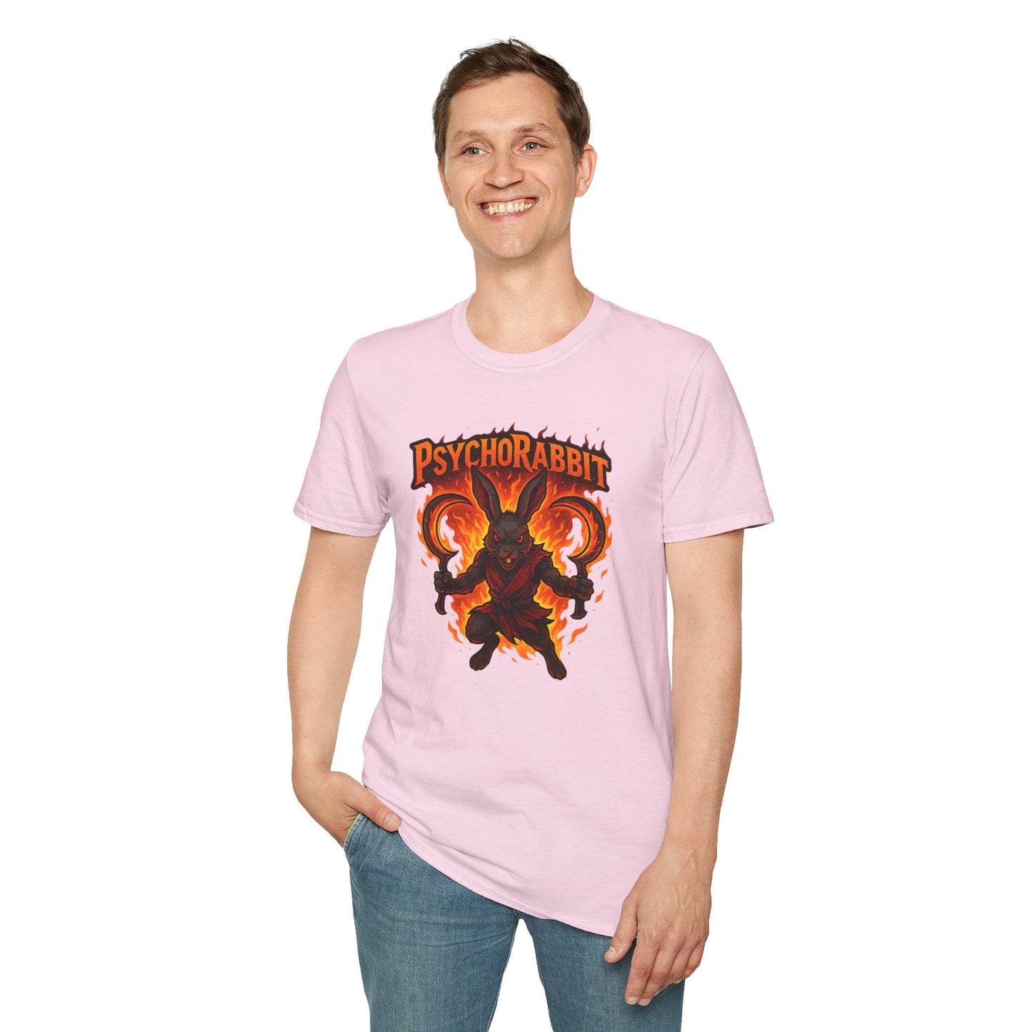 Psychorabbit Graphic Tee | Unisex Softstyle T-Shirt for Anime Fans and Gamers