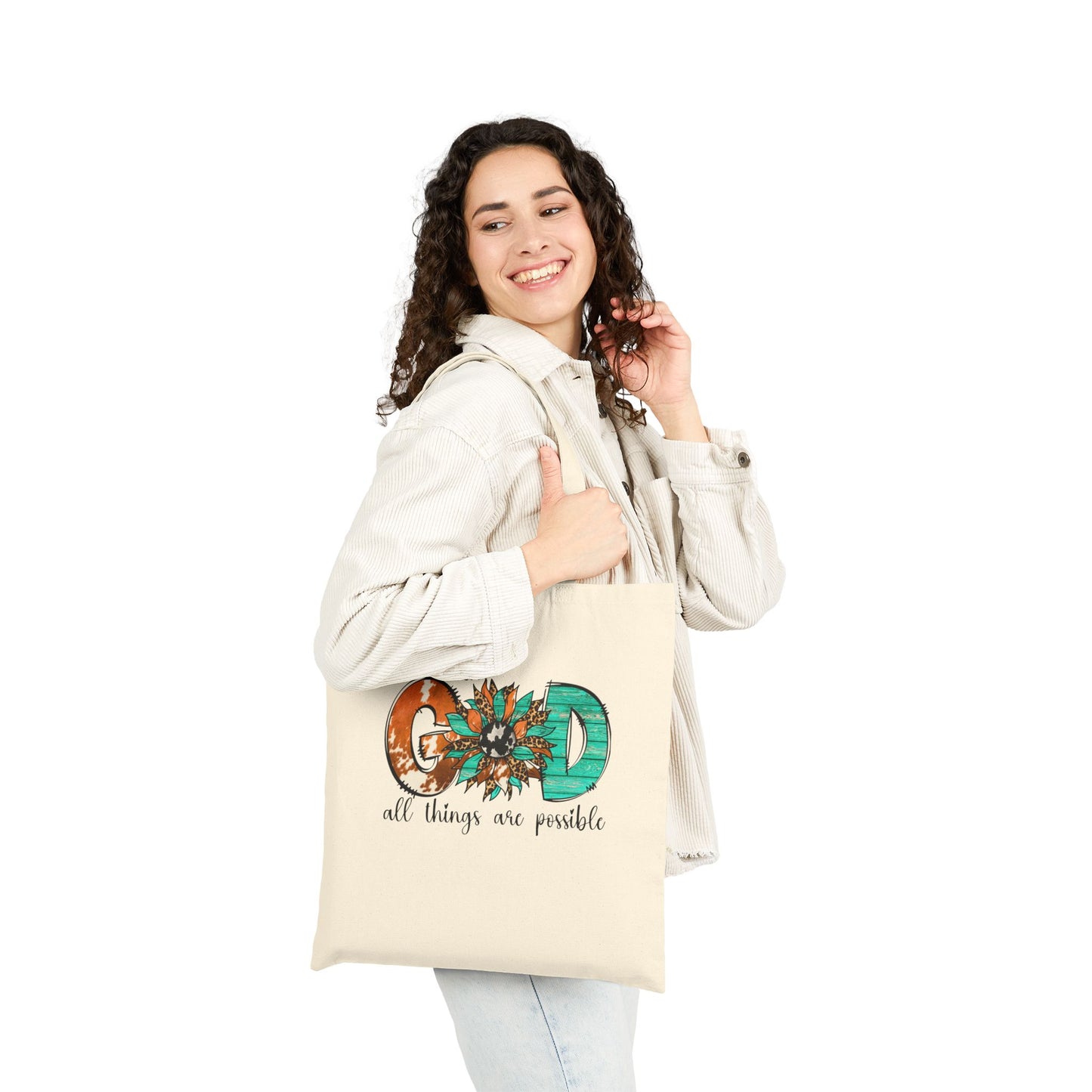 Cotton Canvas Inspirational Tote Bag - With God All Things Are Possible