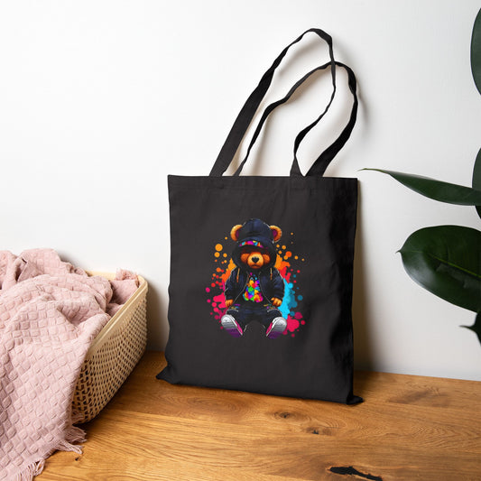 Cotton Canvas Colorful Bear Art Tote Bag