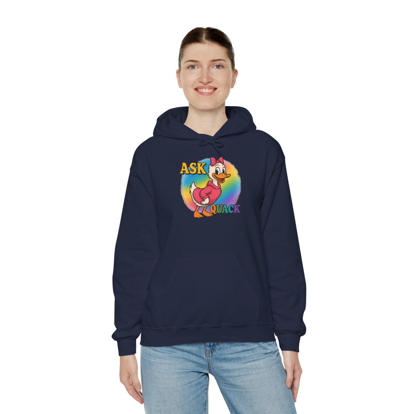 Askquack Female Duck Unisex Hoodie, Quirky Duck Design Sweatshirt, Novelty Animal Jumper, Humorous Duck Apparel, Unique Hooded Top