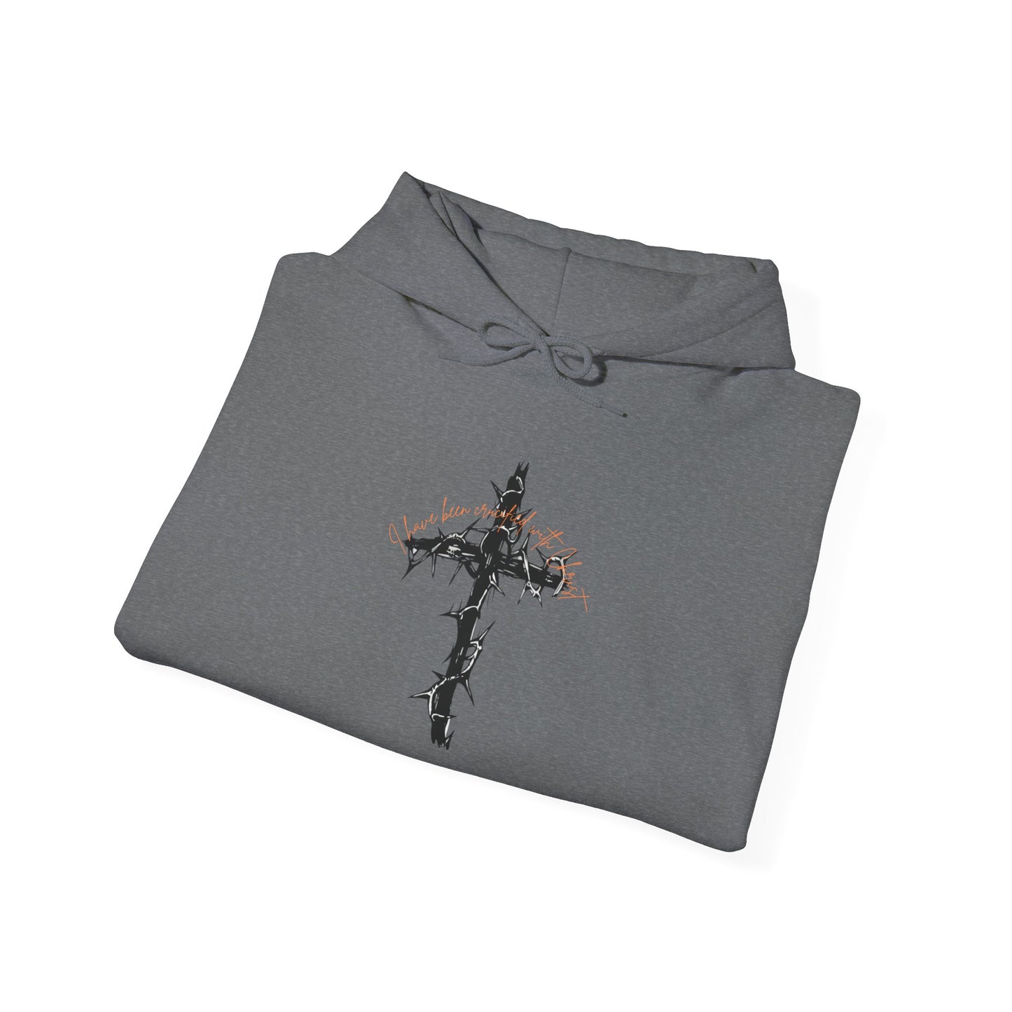 Faith Inspired Christian Cross with Thorns on Front and Galatians 2:20 on back Hooded Sweatshirt