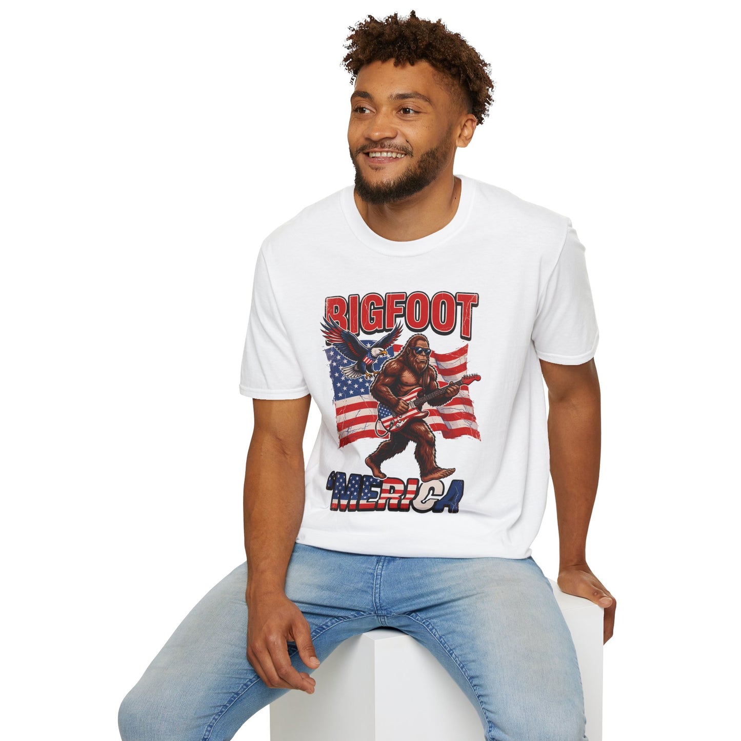 Bigfoot America T-Shirt — Patriotic Bigfoot Playing Guitar Graphic Tee