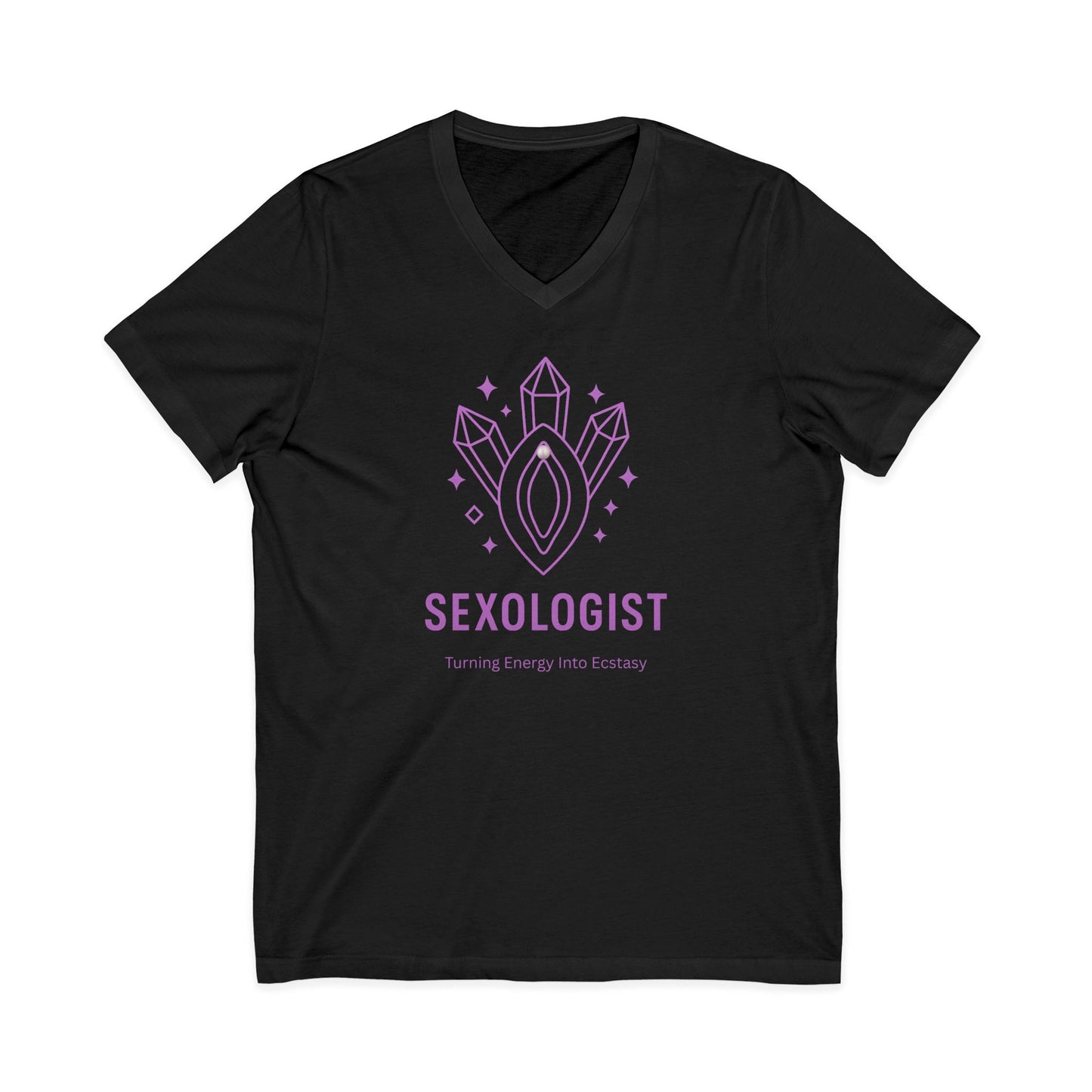 Sexologist V-Neck T-Shirt - Turning Energy into Ecstasy - Funny Graphic Tee, Gift for Sex Educators, Pride Apparel, Unisex Jersey Short
